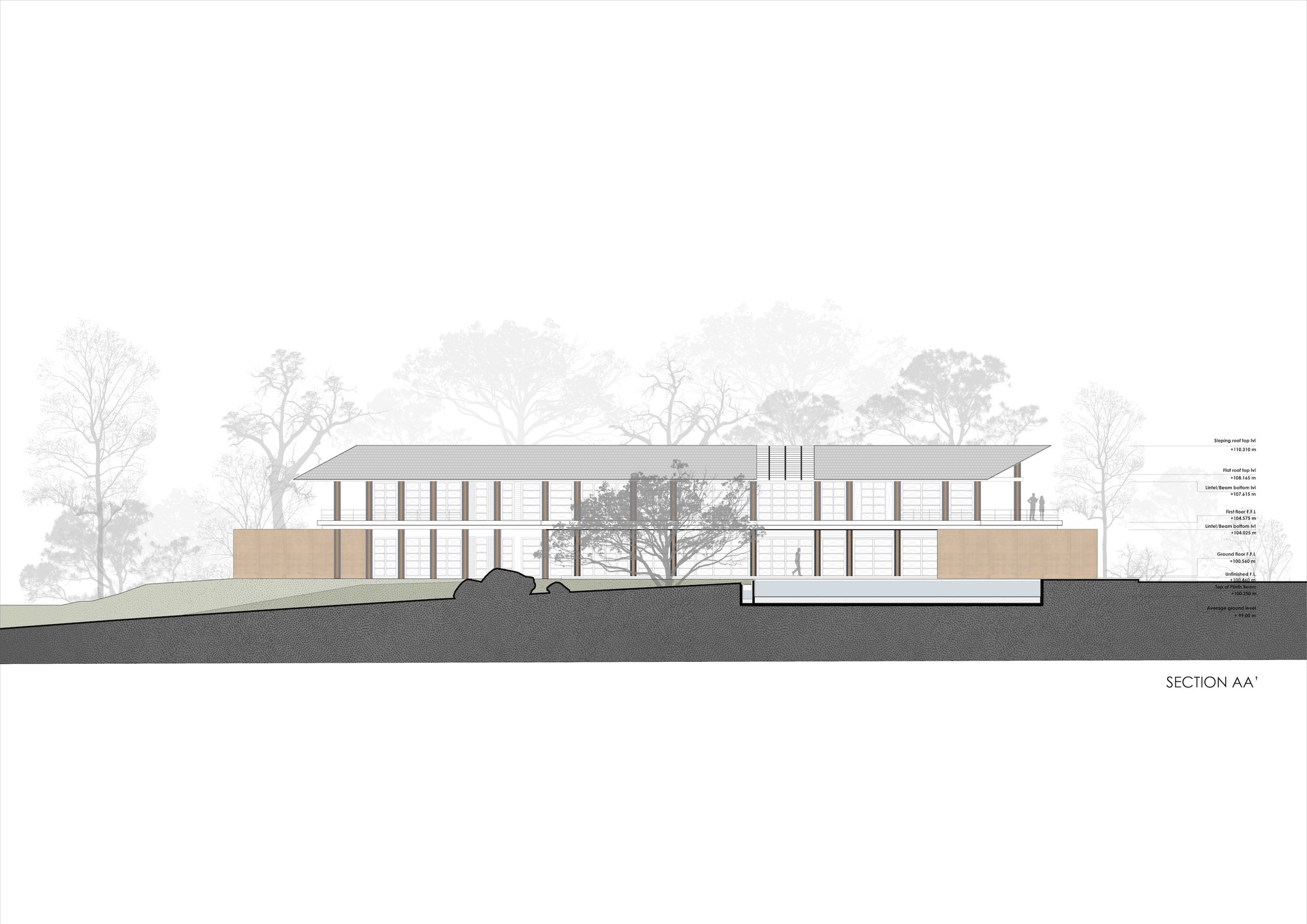 Section drawing showing two-storey volumes with vertical window elements set among trees