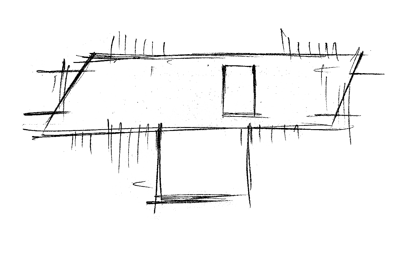 Sketch showing angled facade elements with central opening and vertical louvers
