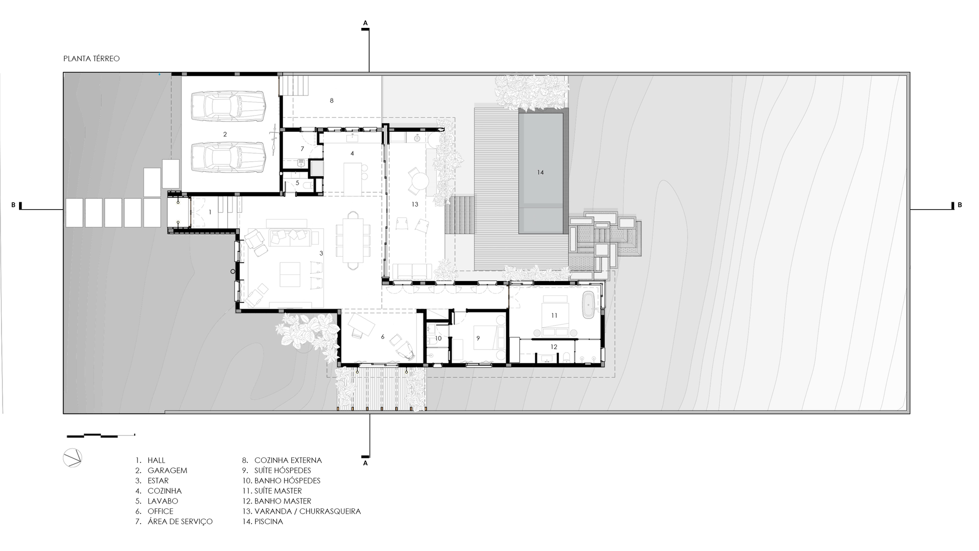 Ground floor plan drawing showing garage, living areas and pool with surrounding landscaping