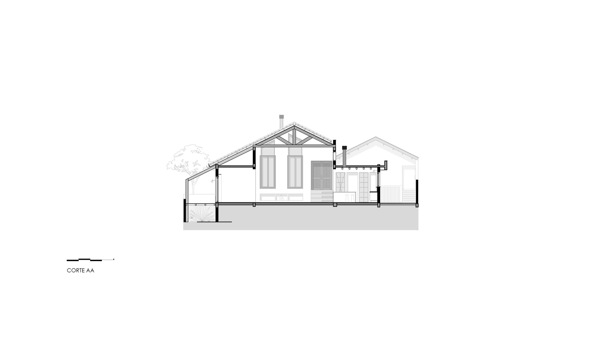 Section drawing showing the stepped interior volumes with exposed truss roofing and window openings