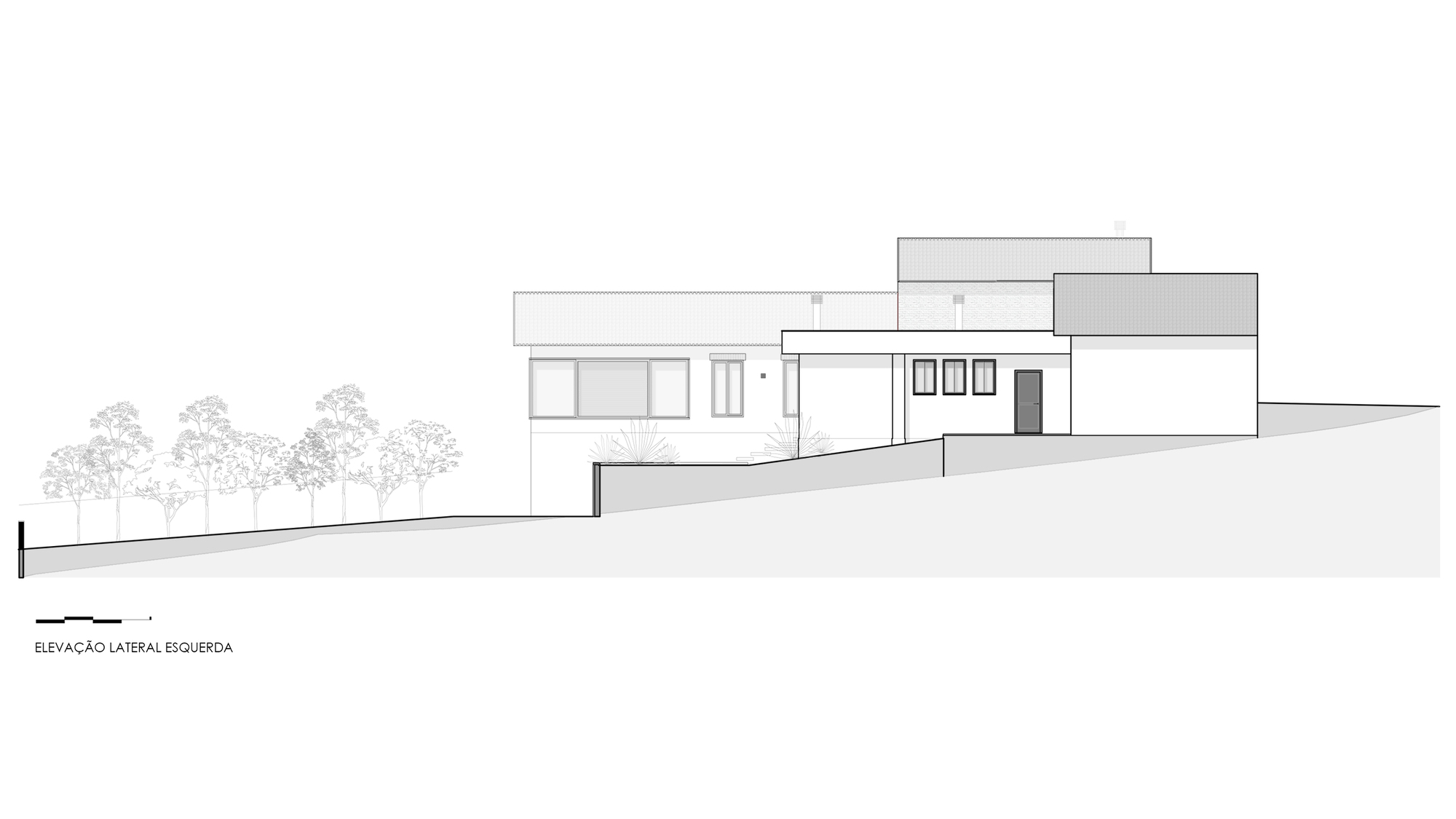 Left elevation drawing showing stacked volumes stepping up a sloped site with trees in outline