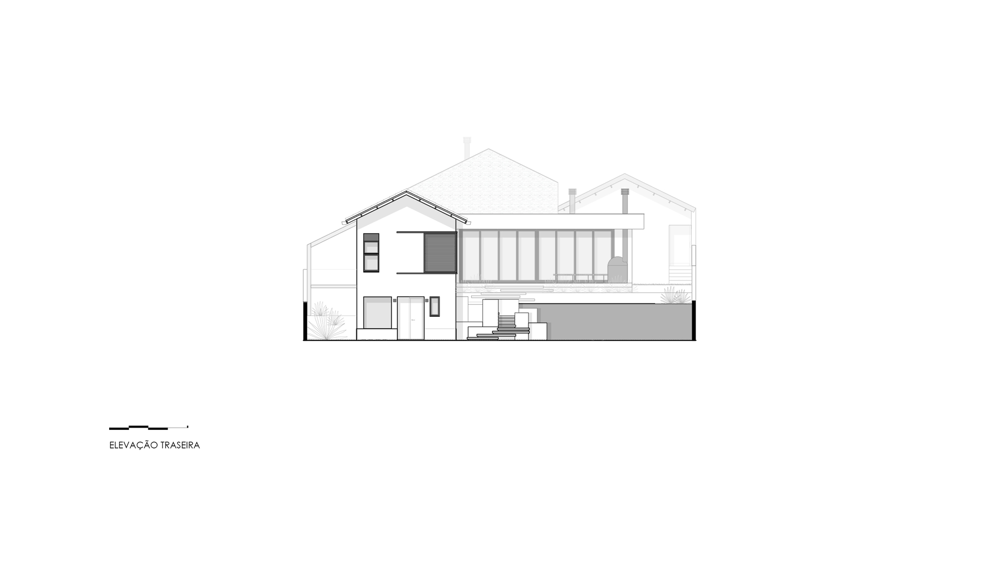Rear elevation section drawing revealing interior levels and roof profiles with trees in outline