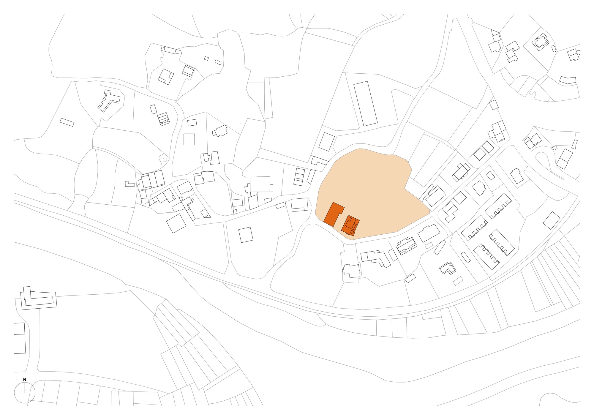 Site plan drawing showing the intervention footprint highlighted in orange within the village fabric