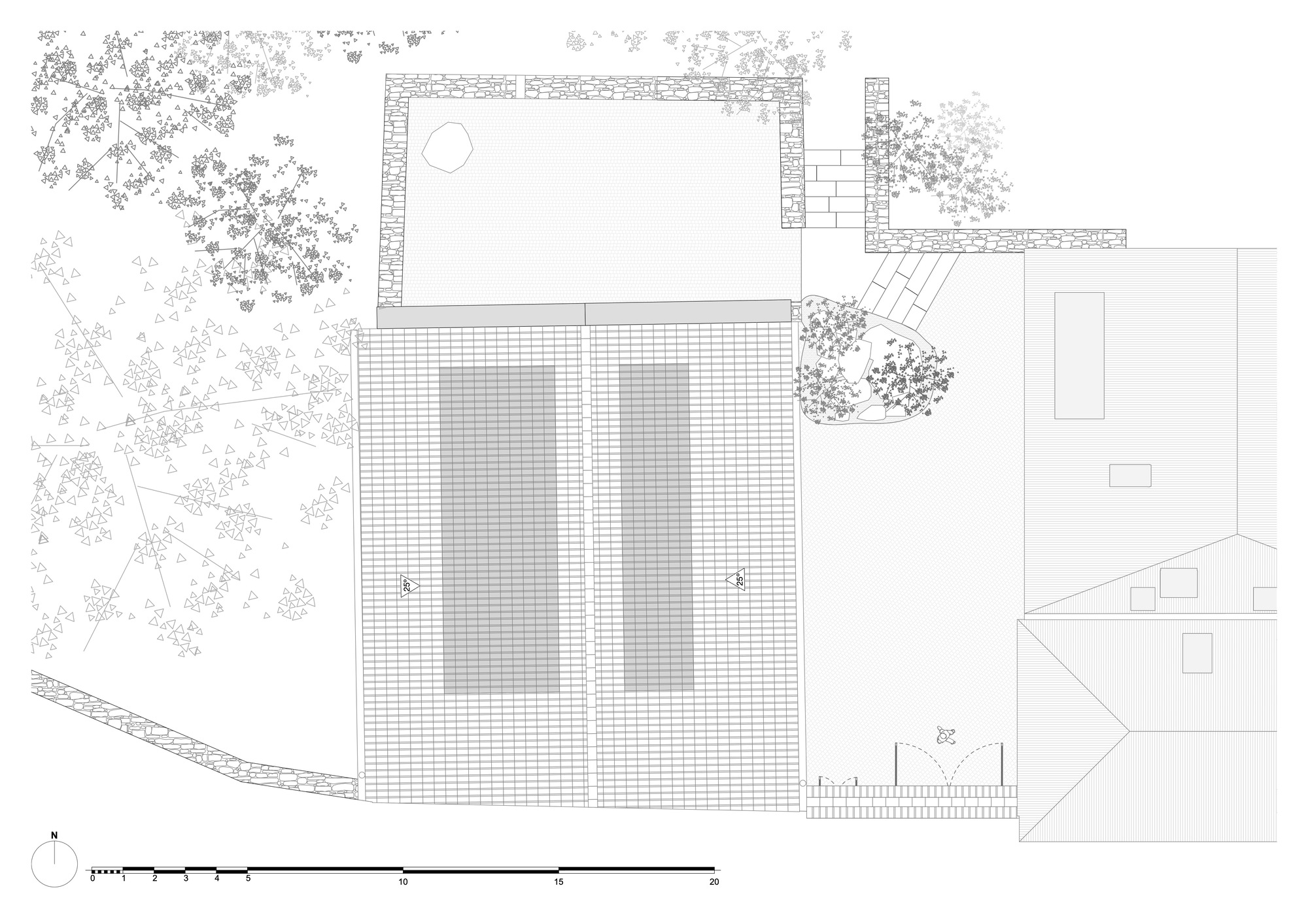 Roof plan drawing showing the gridded timber structure over the main hall and adjacent courtyard