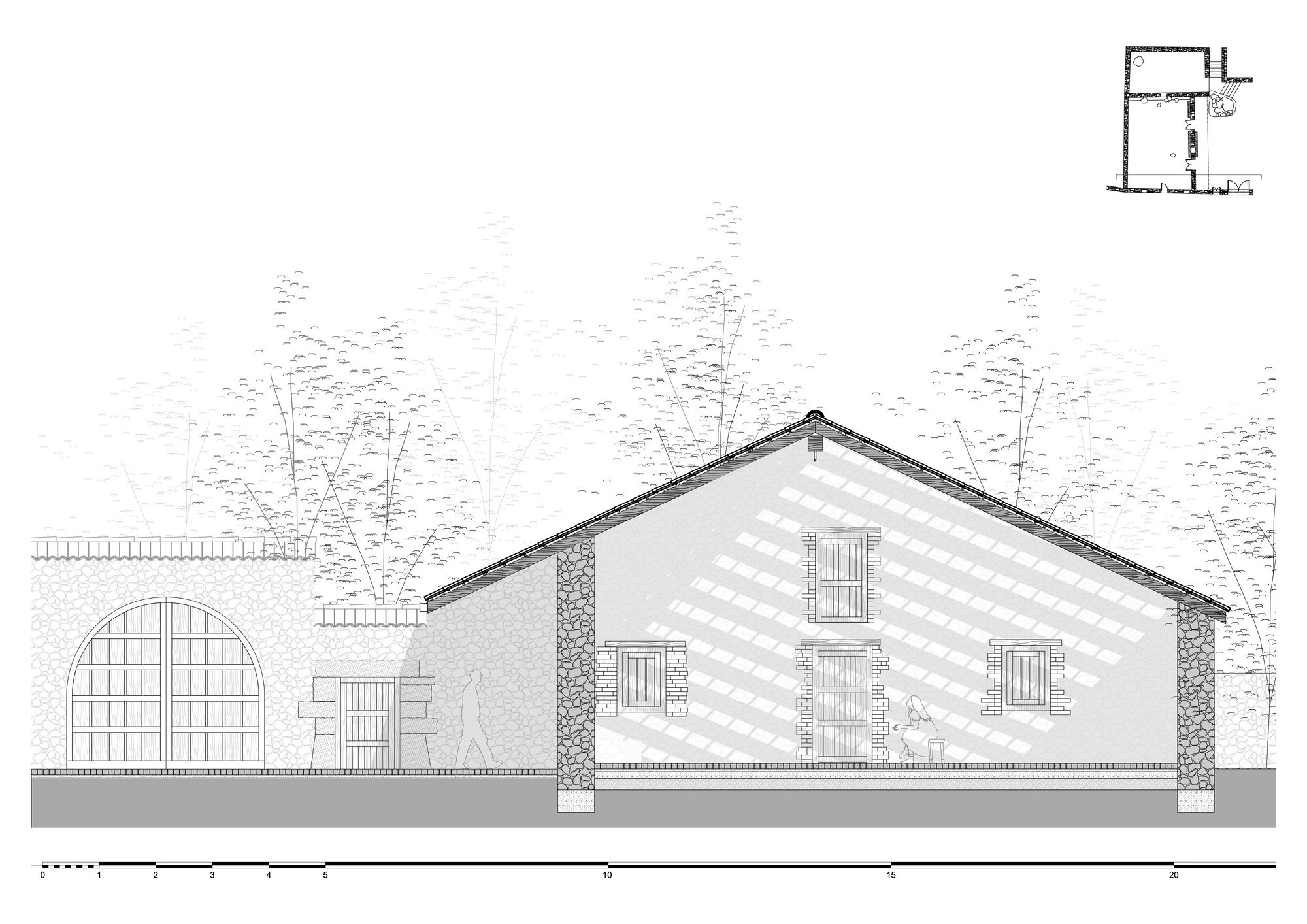 Elevation drawing showing a gabled volume with arched entrance and terrace set among trees