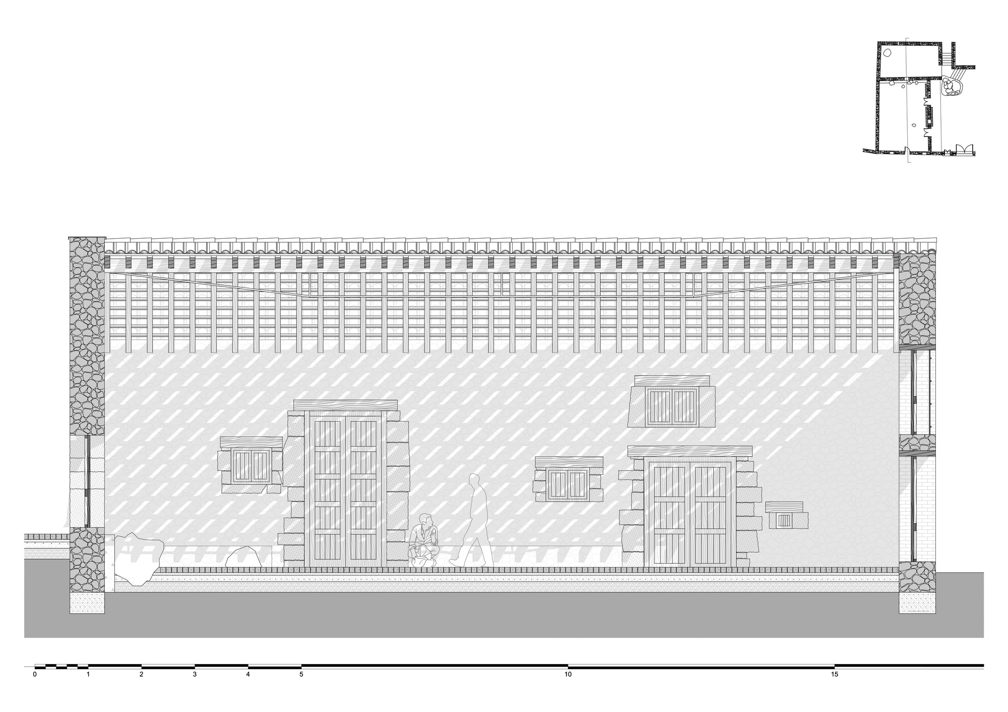 Elevation drawing depicting the long facade with colonnade roof and multiple openings