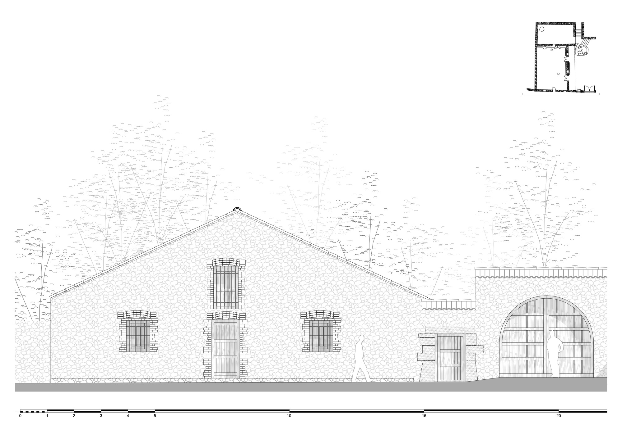 Elevation drawing showing the gabled facade with shuttered windows and large arched opening