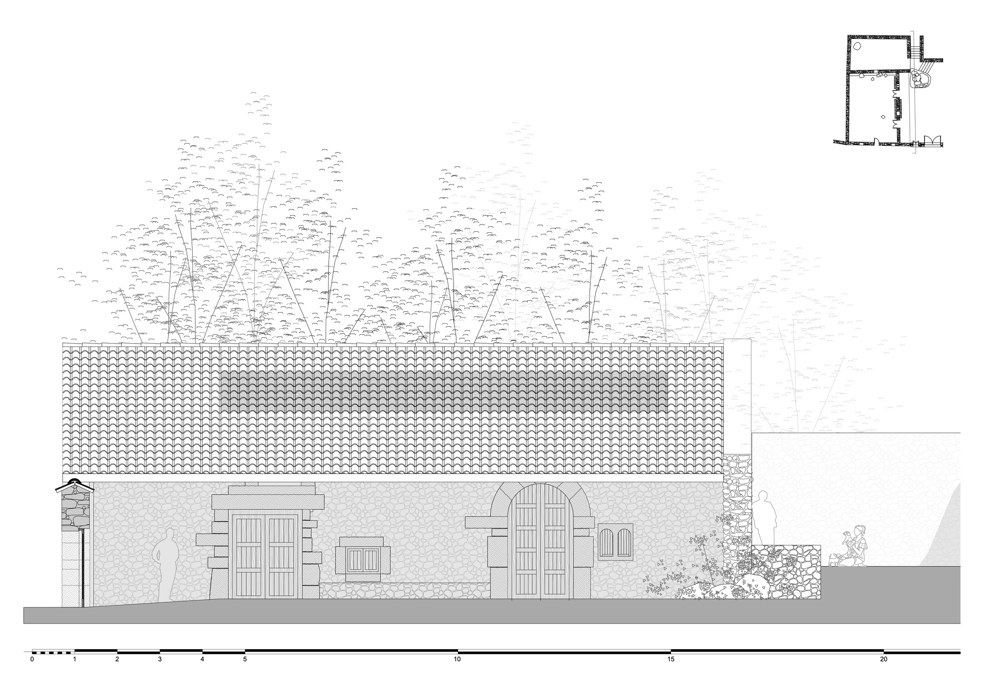 Elevation drawing showing the tiled roof volume with arched doorway and adjacent planted area
