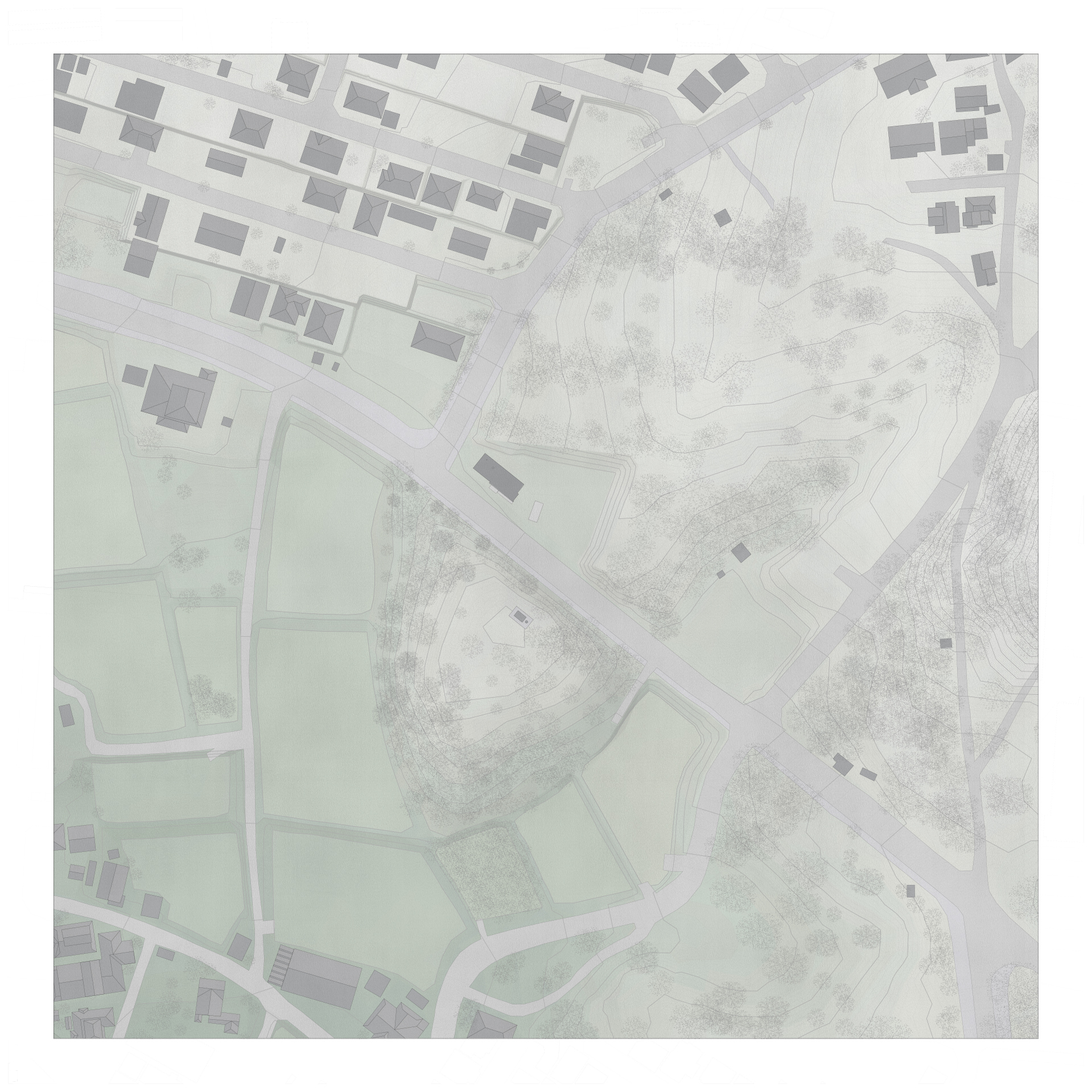 Site plan drawing showing a curved landscape with scattered trees between residential blocks and open fields