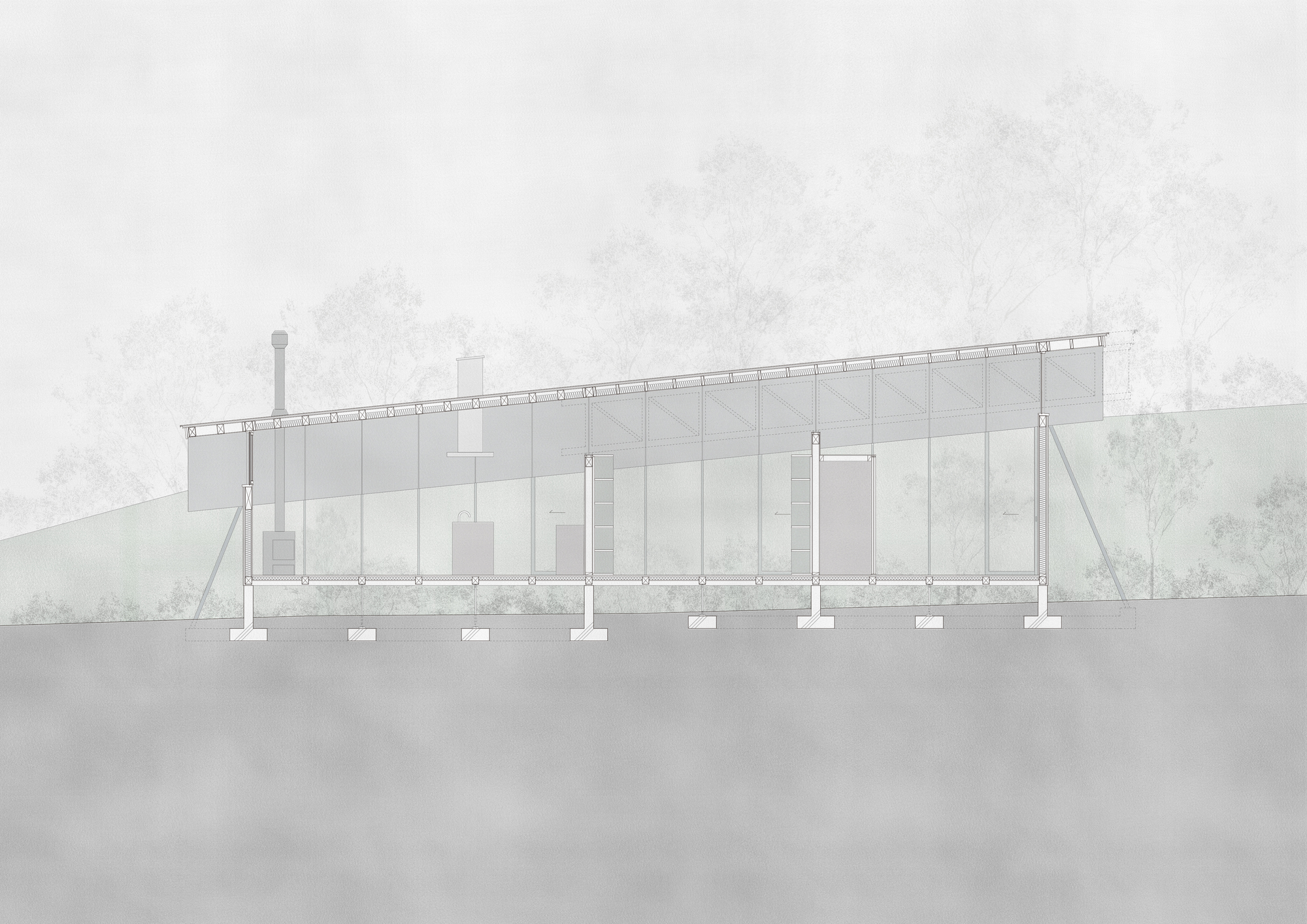 Section drawing showing a single-story building with exposed structural frame and glazed walls among trees