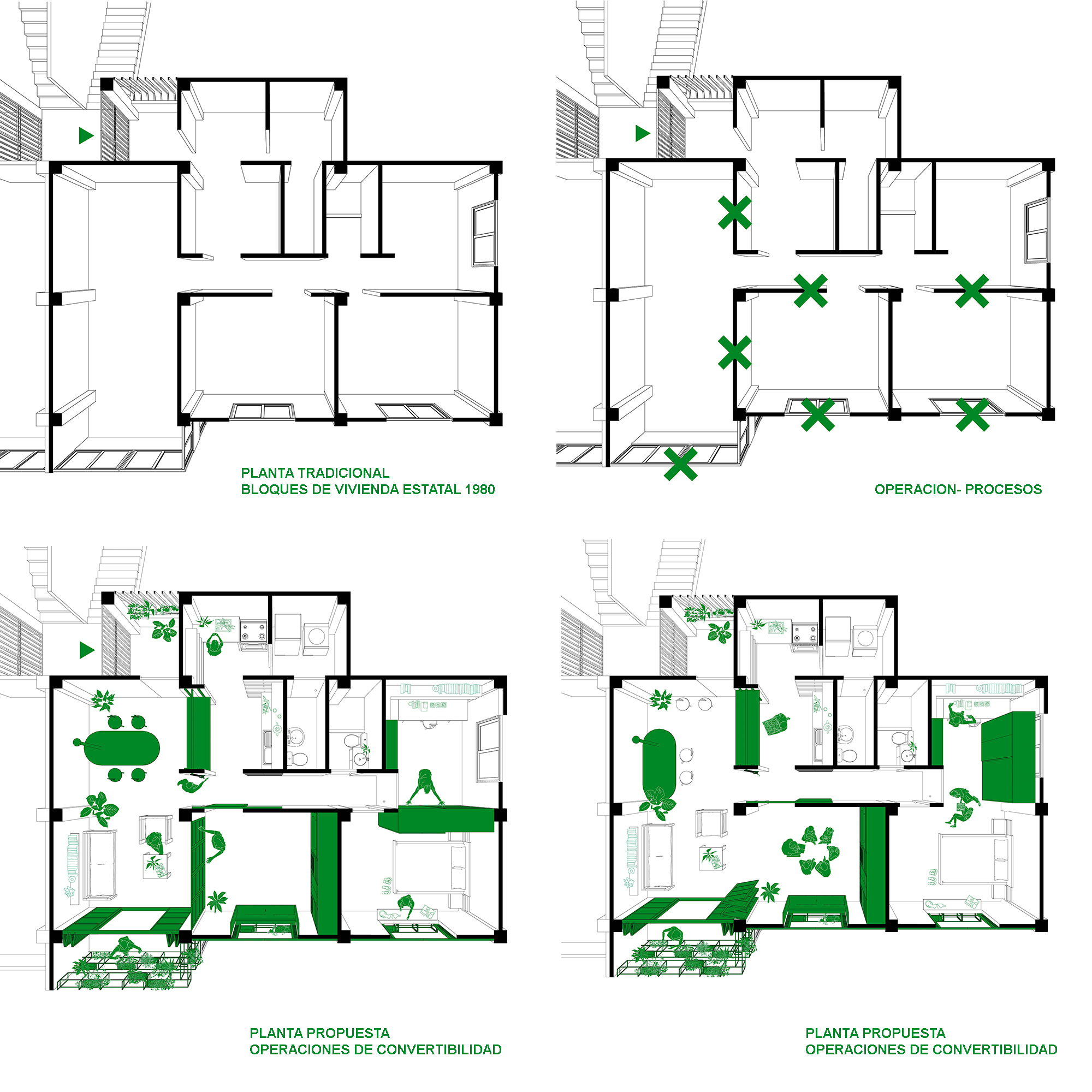 Floor plan drawing showing spatial transformation from traditional layout to proposed convertible arrangement with furnishings indicated
