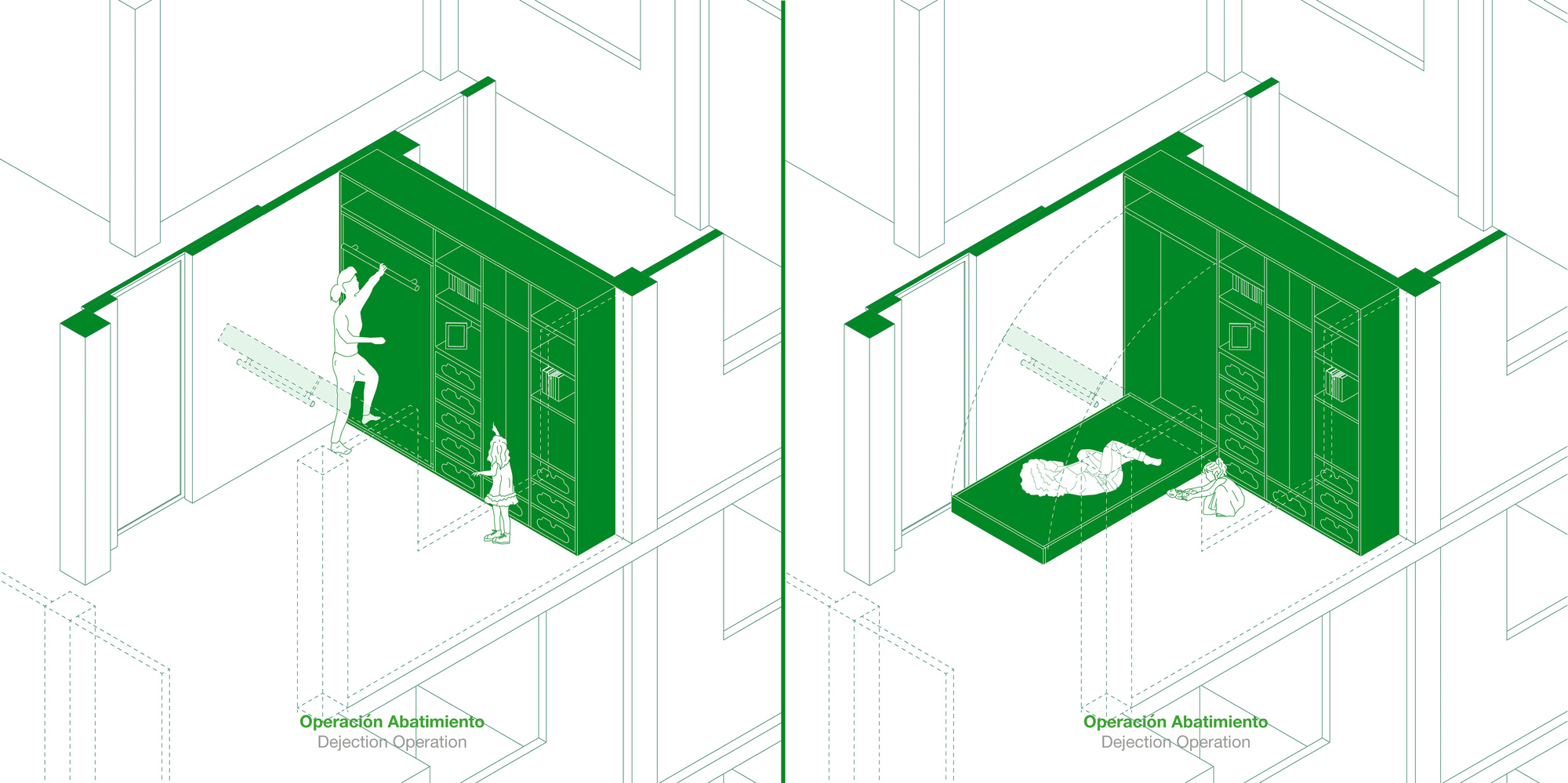 Axonometric drawing showing pivoting storage unit with figures demonstrating operation in two positions
