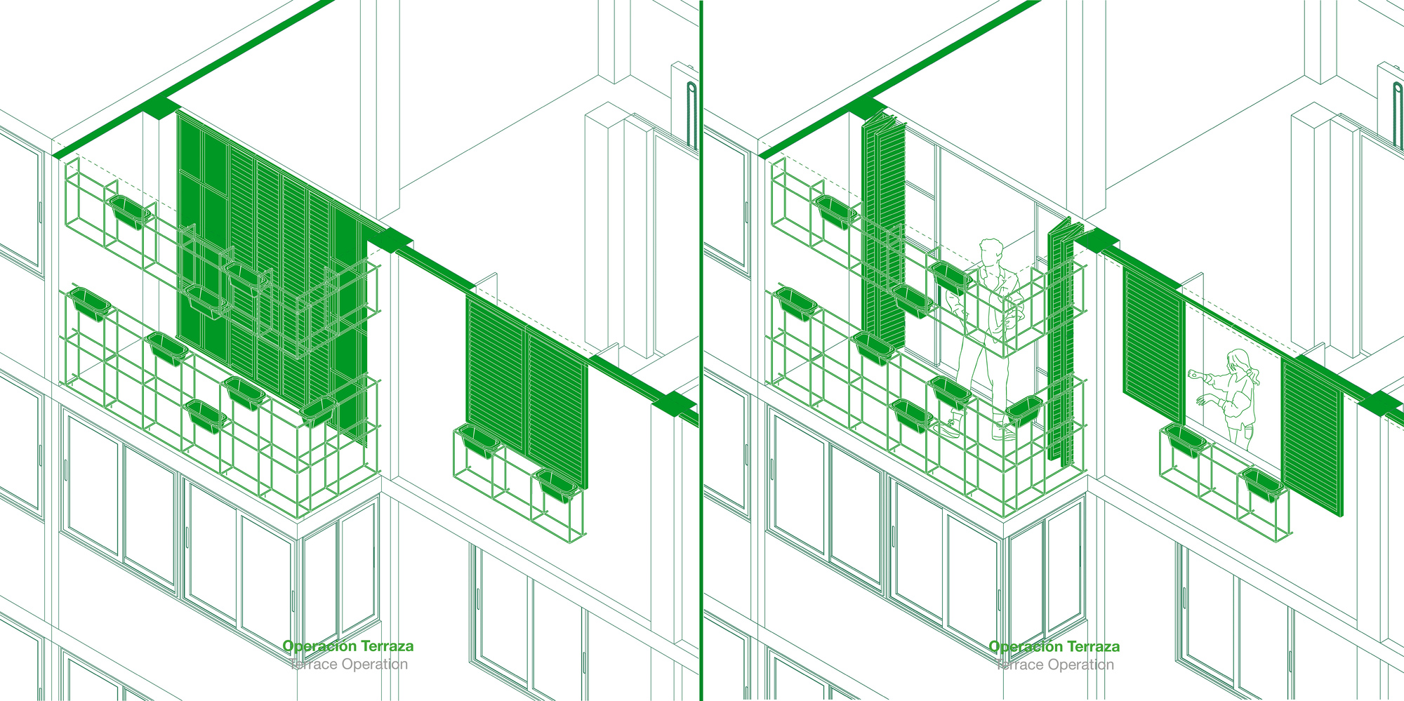 Isometric drawing depicting terrace-mounted green sliding screens in various open and closed configurations