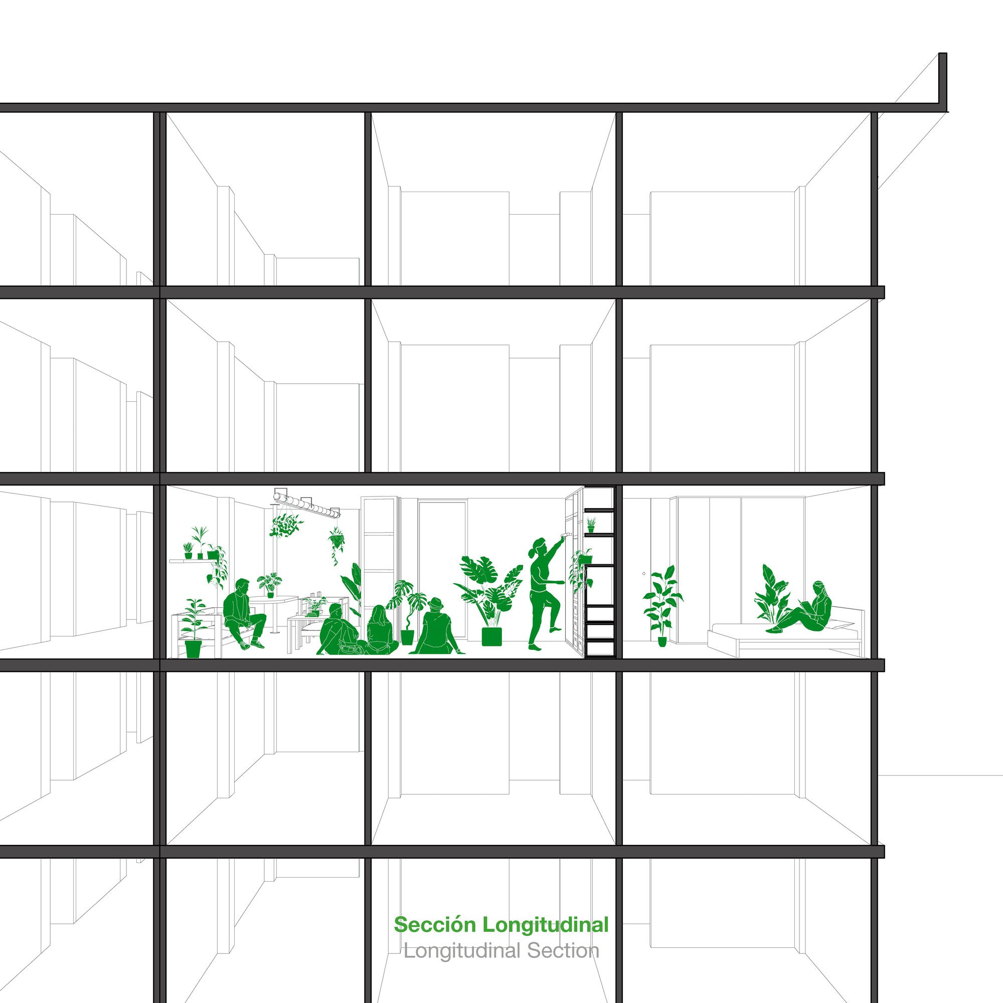 Longitudinal section drawing of a multi-story structure with one inhabited floor featuring potted plants and seated figures
