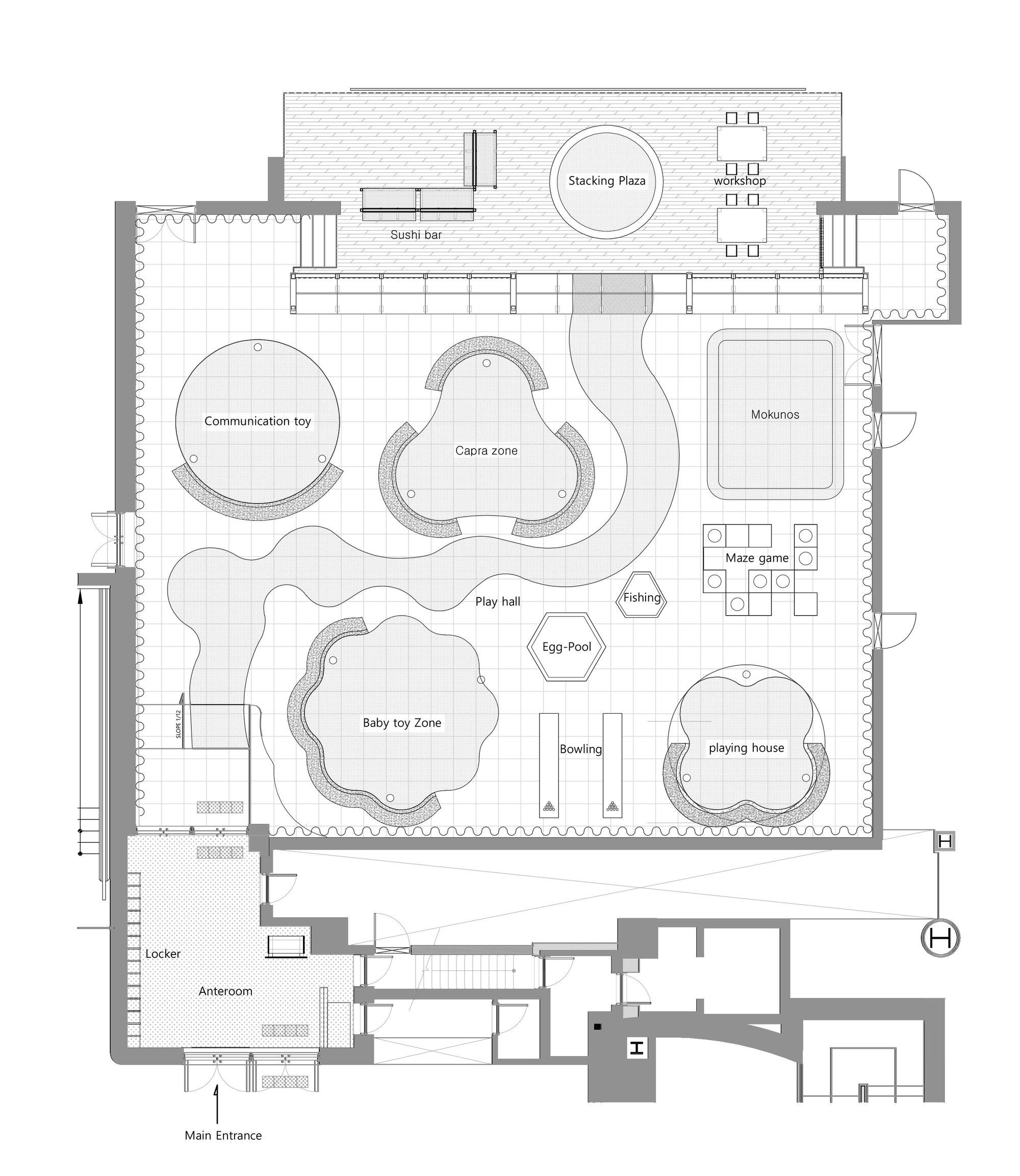 Floor plan drawing showing curvilinear play zones and activity areas radiating from a central hall