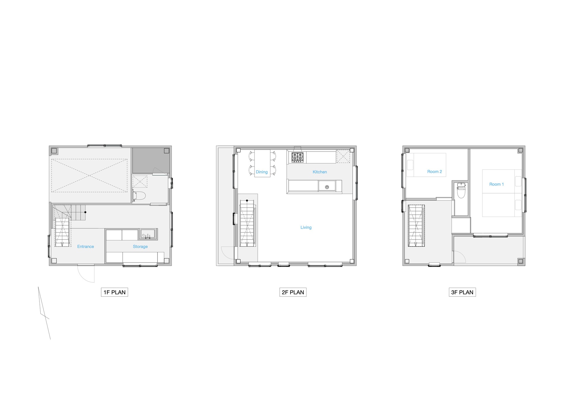Floor plan drawings showing the three-level layout with garage, stairwell, living spaces, kitchen, and bedrooms