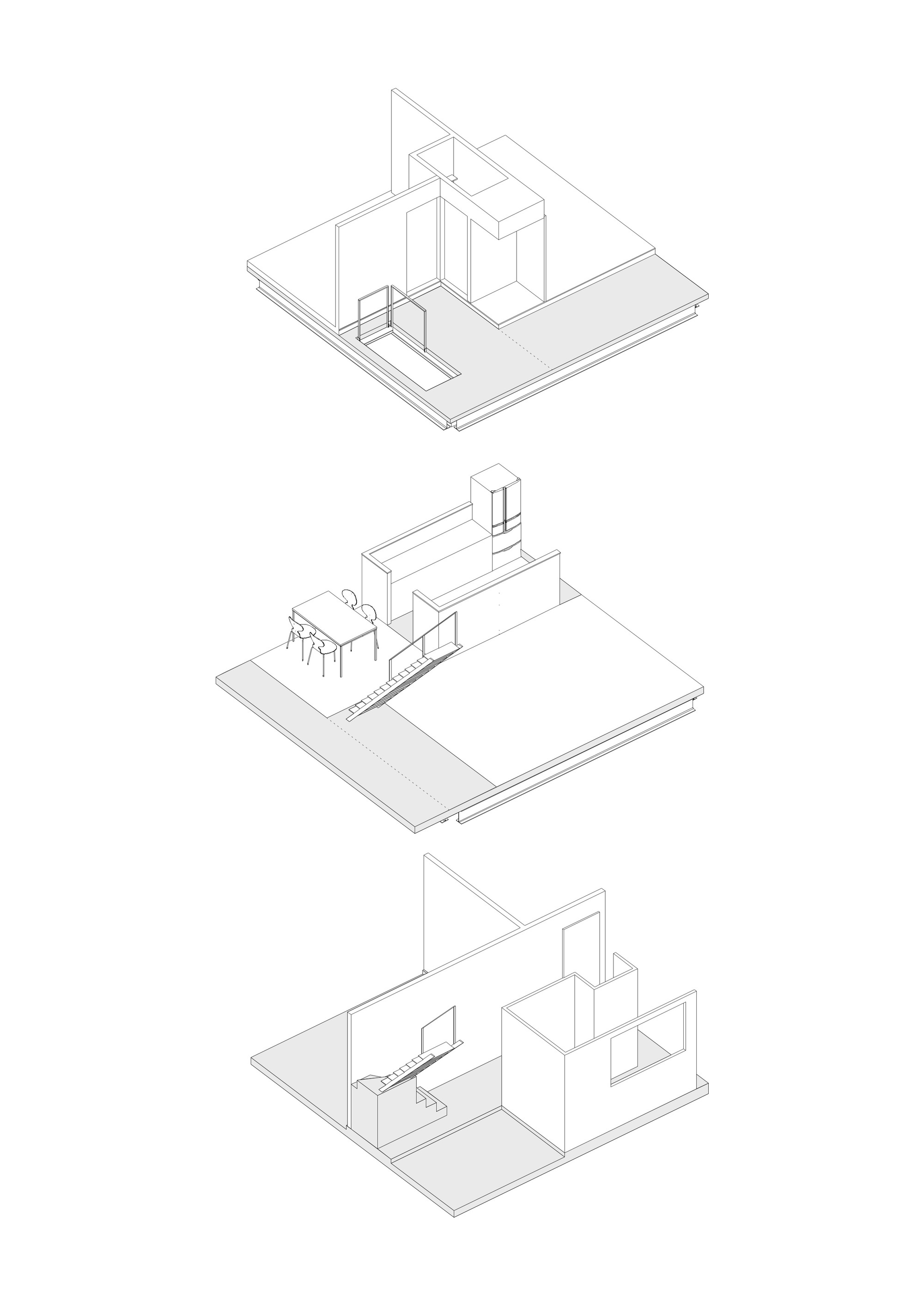 Axonometric drawings revealing the spatial arrangement across three floors with furniture, stairwell, and roof terrace