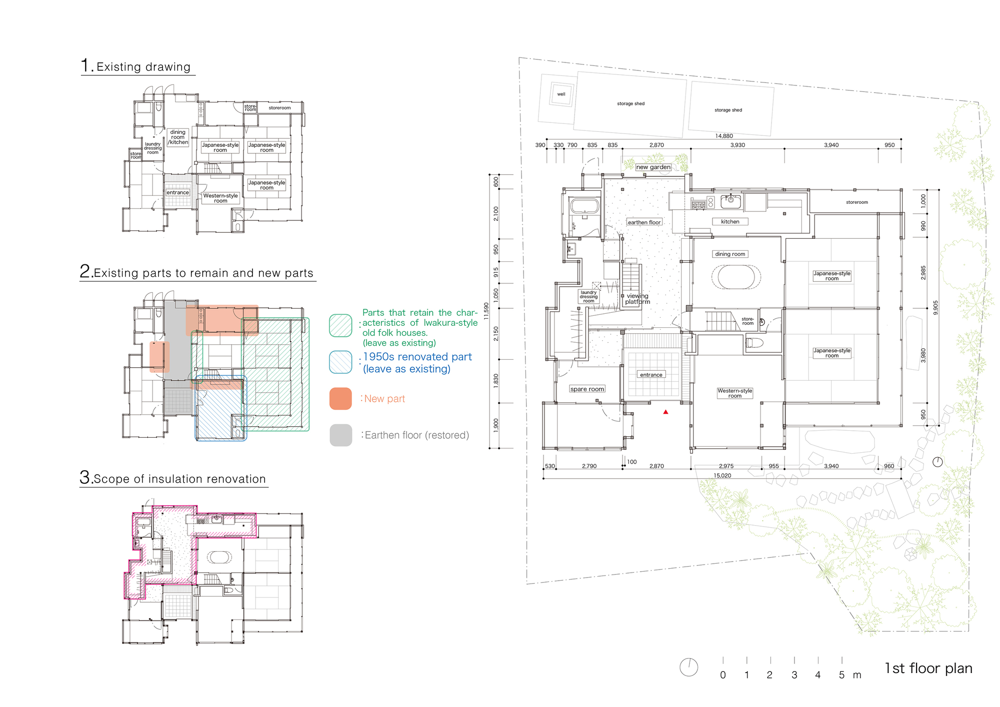 Floor plan drawing showing existing layout with renovation scope and room arrangements annotated in color
