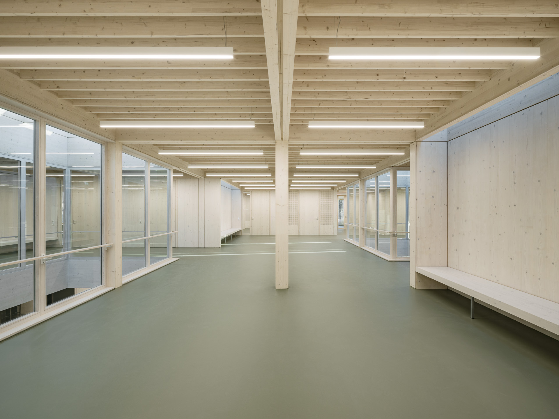 Open floor space with light timber columns and plywood benches under a rhythmic joist ceiling