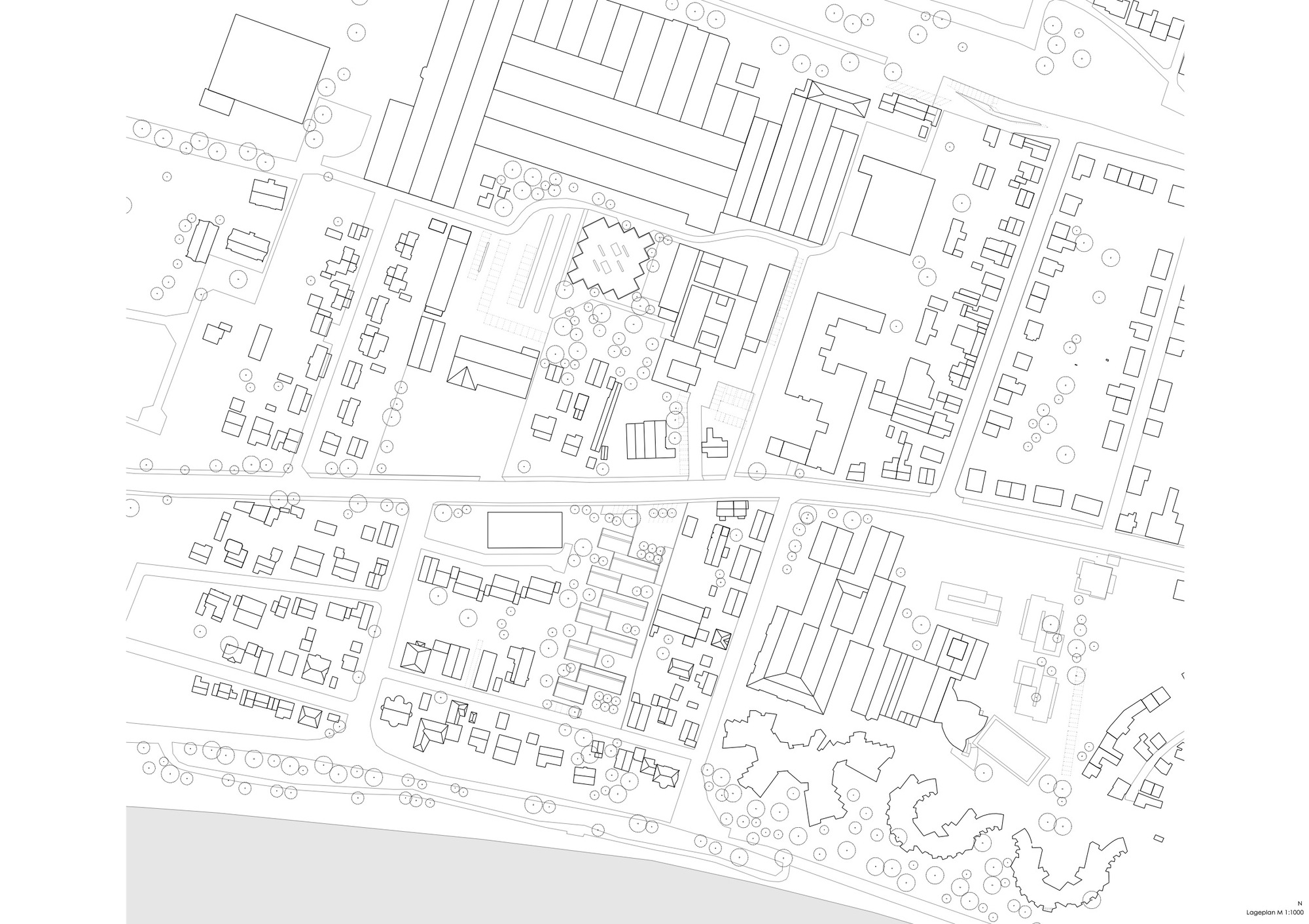 Site plan drawing showing cluster of elongated buildings and curved structure amid surrounding urban fabric