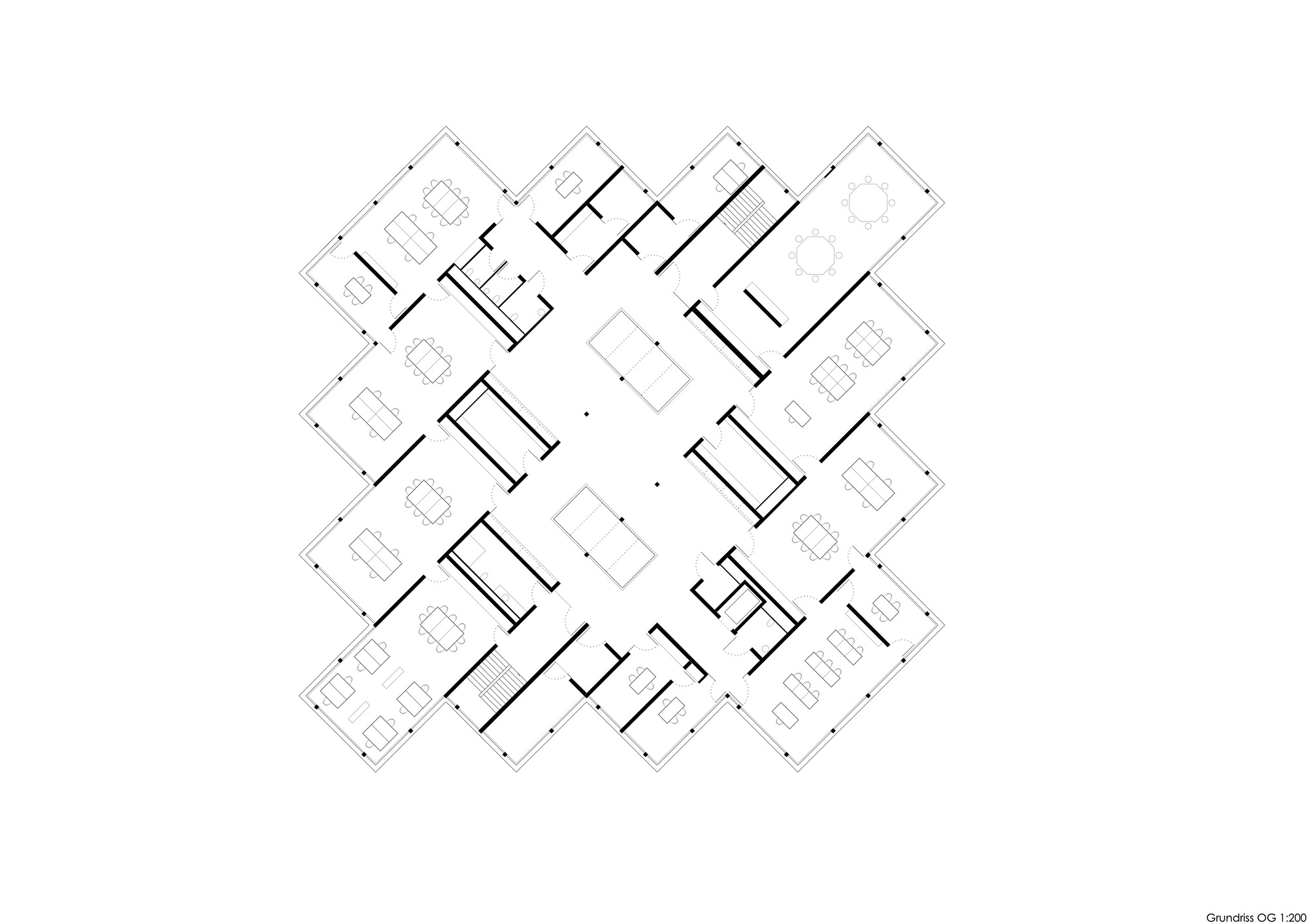 Floor plan drawing showing four residential wings radiating from a central atrium with dining tables