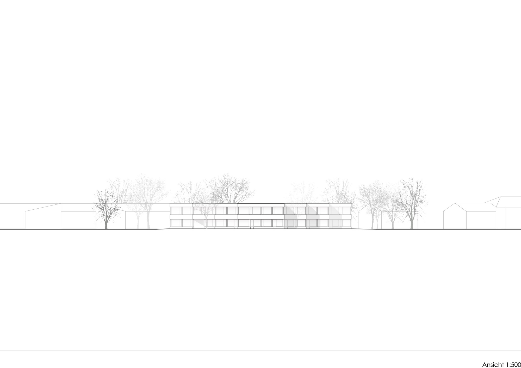 Elevation drawing showing the low horizontal facade flanked by bare deciduous trees