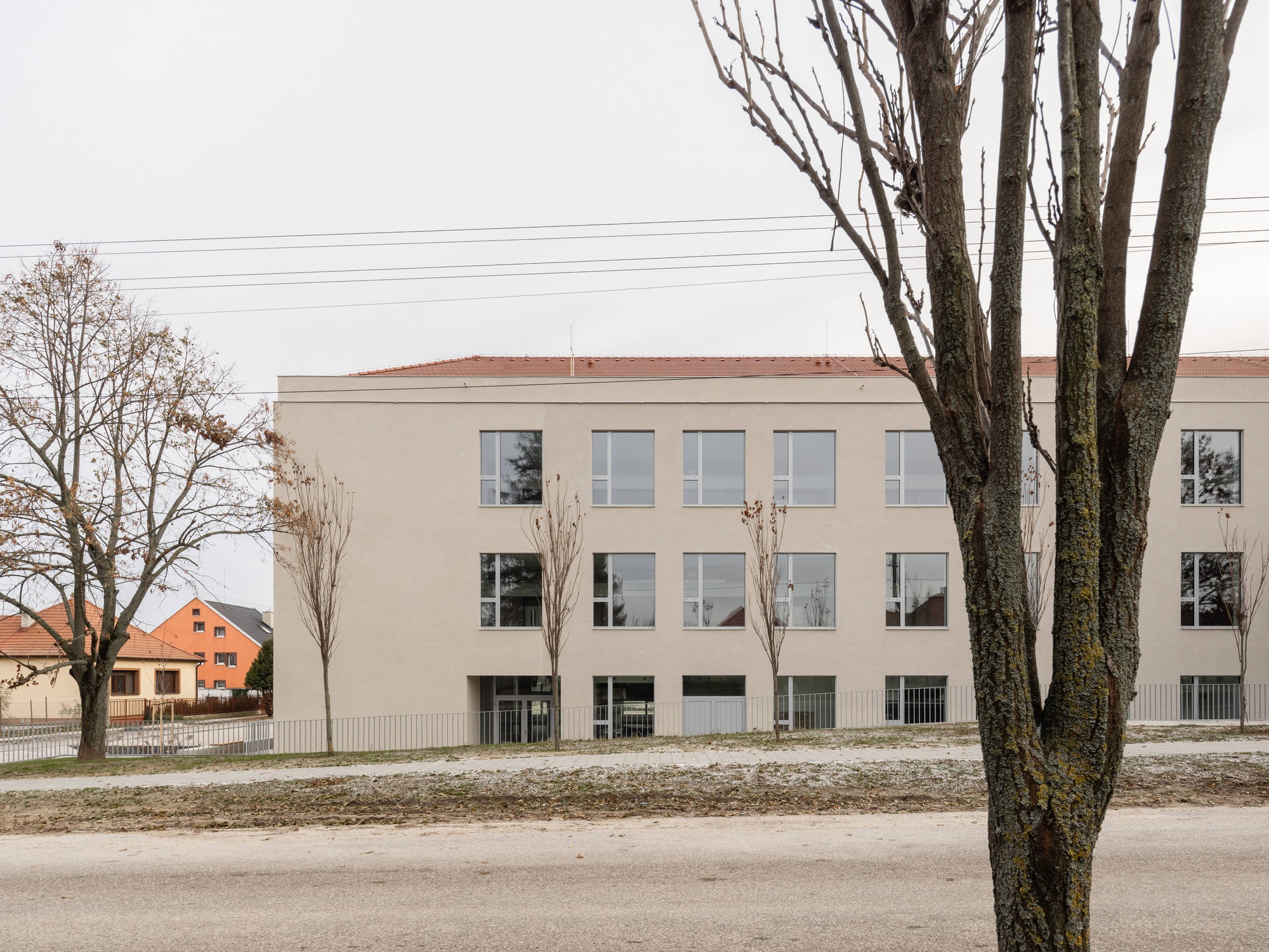 Street view of the cream-colored facade with regular window openings and a moss-covered tree trunk in foreground