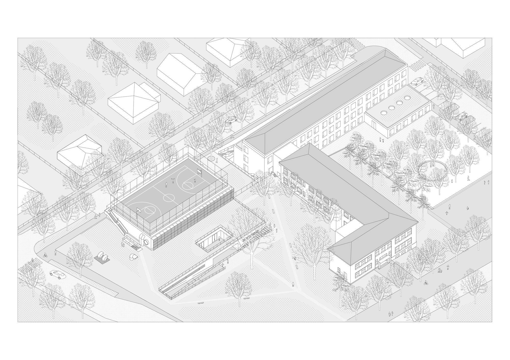 Axonometric drawing showing three building volumes and sport court in a tree-lined campus