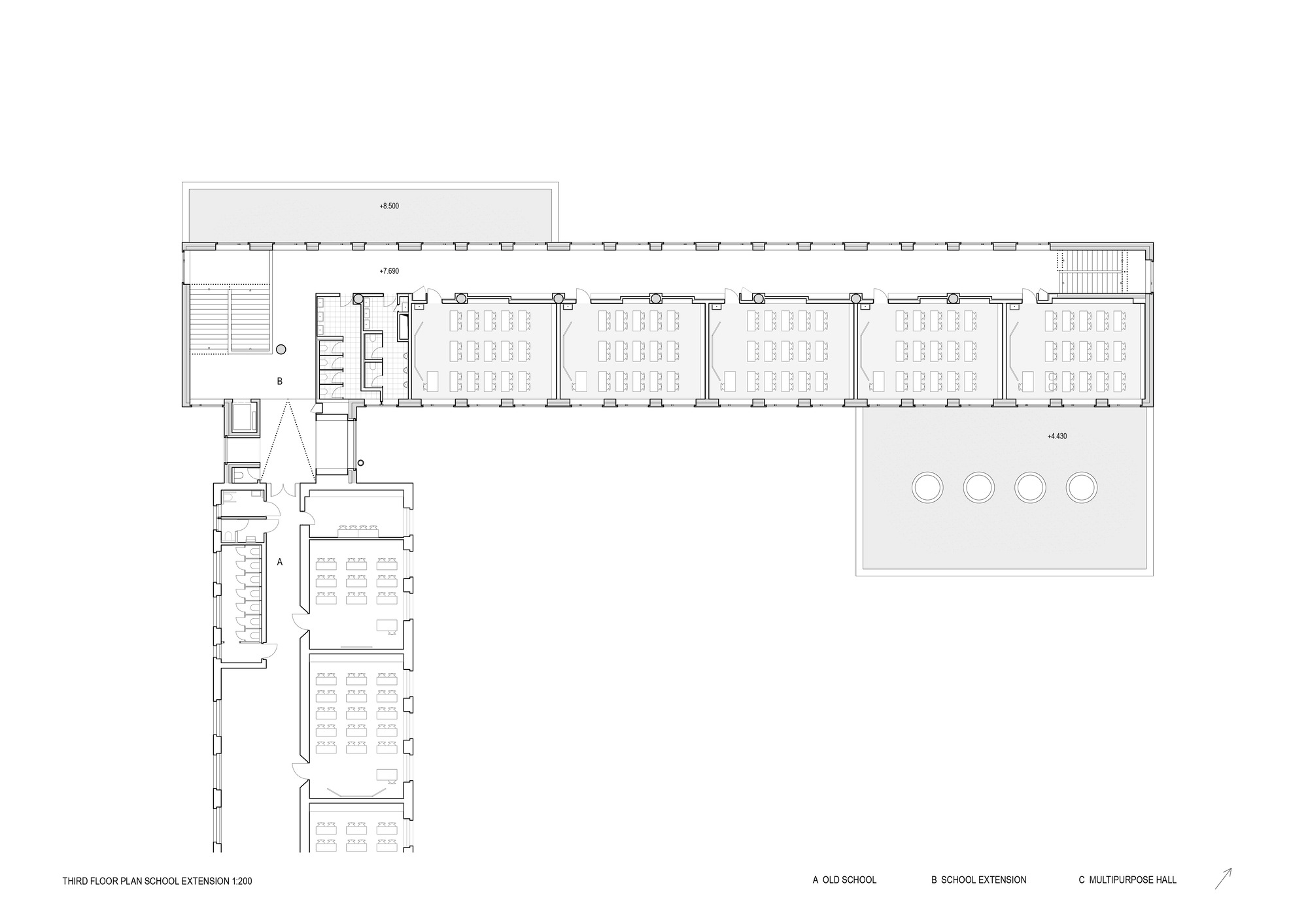 Third floor plan drawing showing five classrooms in a linear bar with adjacent courtyard terrace