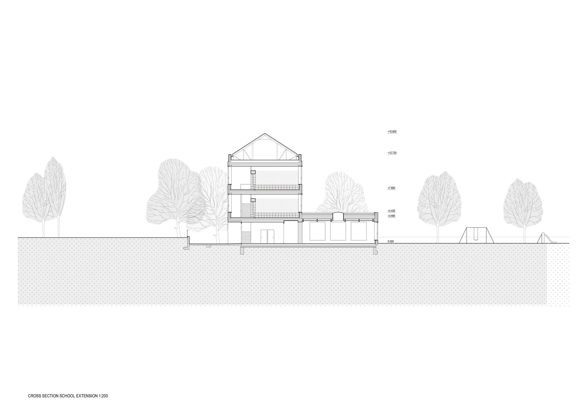 Cross section drawing through the three-storey gabled volume with flanking trees and underground foundation