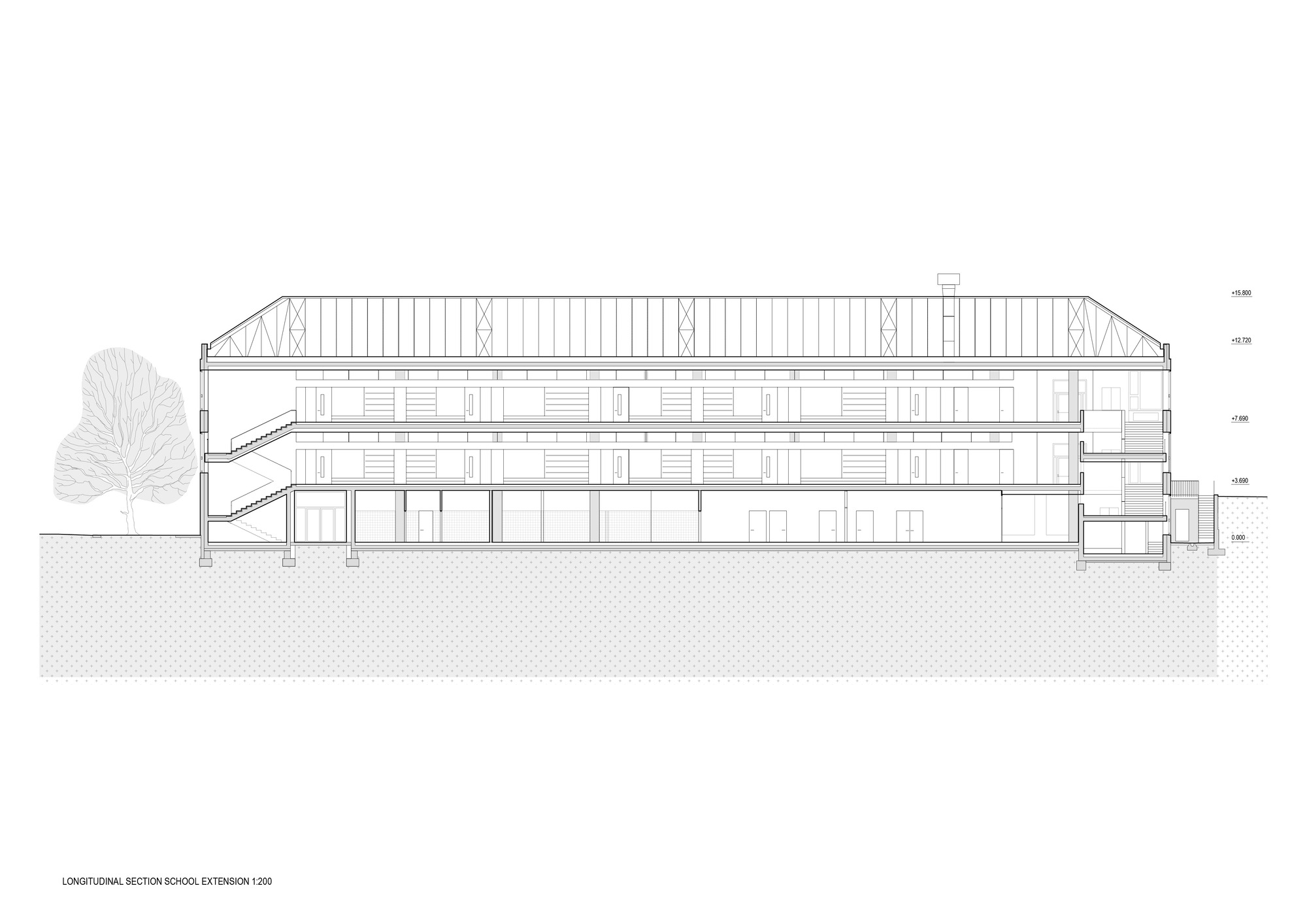 Longitudinal section drawing showing a multi-story structure with exposed trusses and a tree to the left