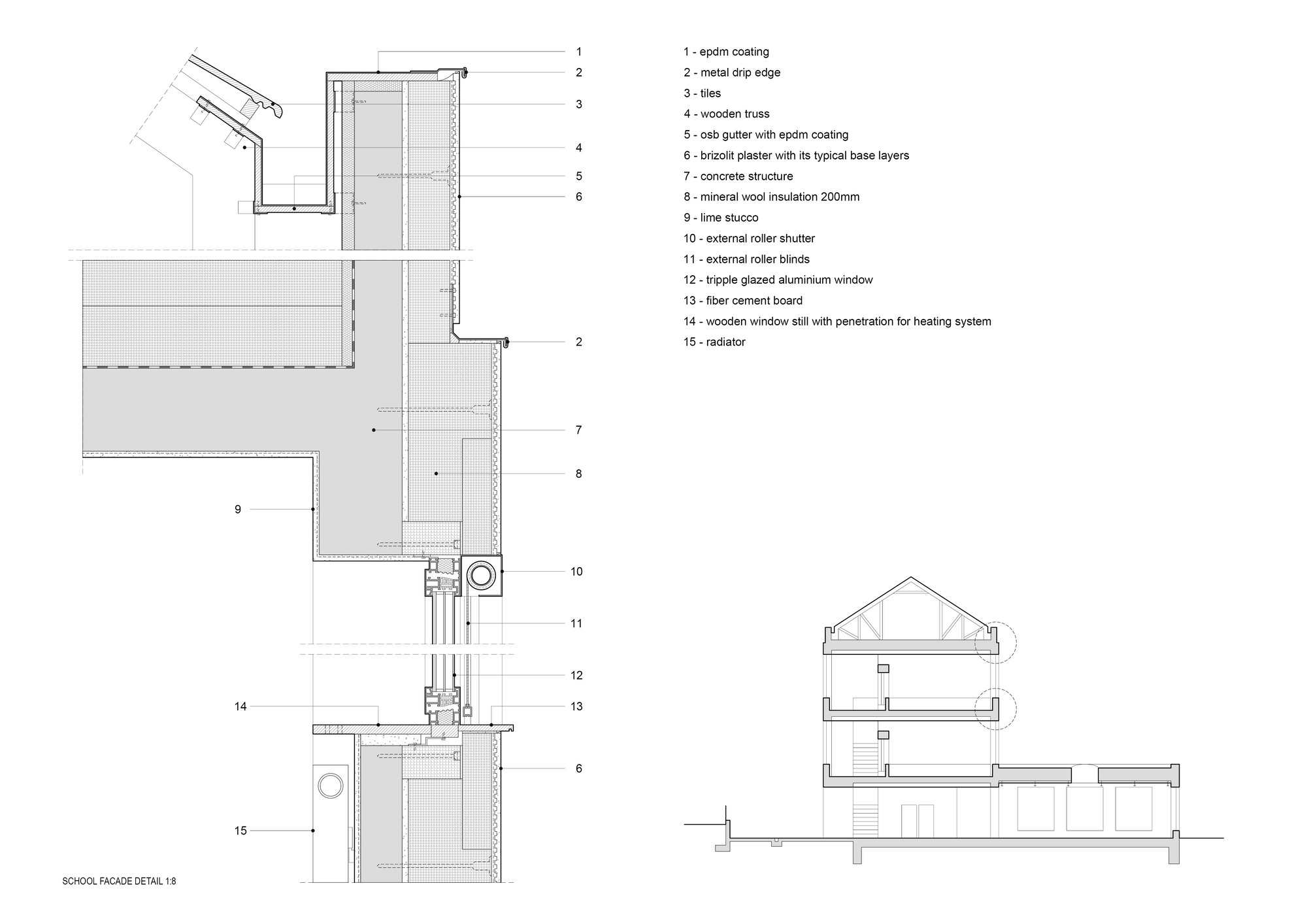 Facade detail drawing illustrating wall assembly layers with insulation, plaster, and window components