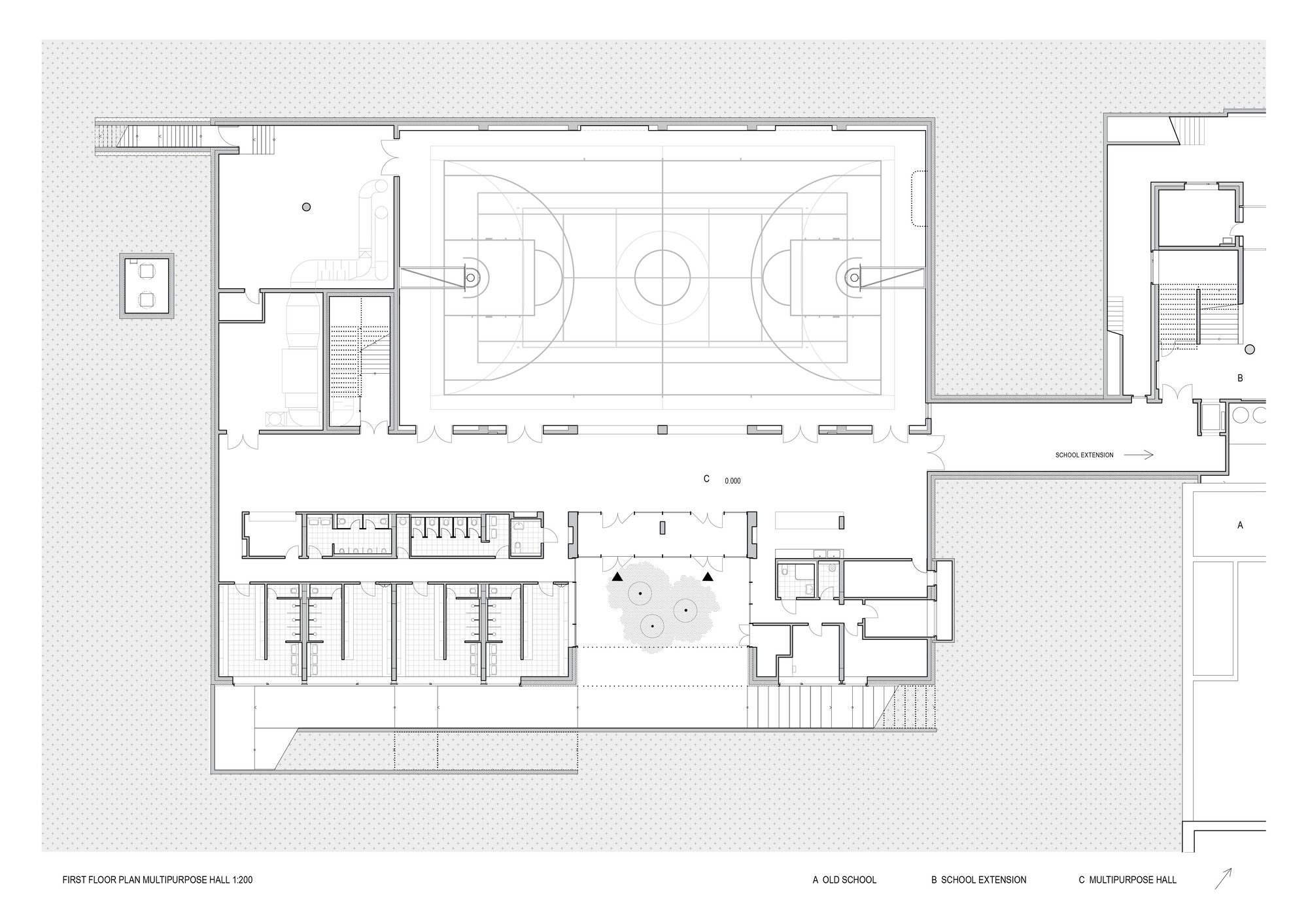 First floor plan drawing showing a full-size basketball court with adjacent rooms and exterior areas