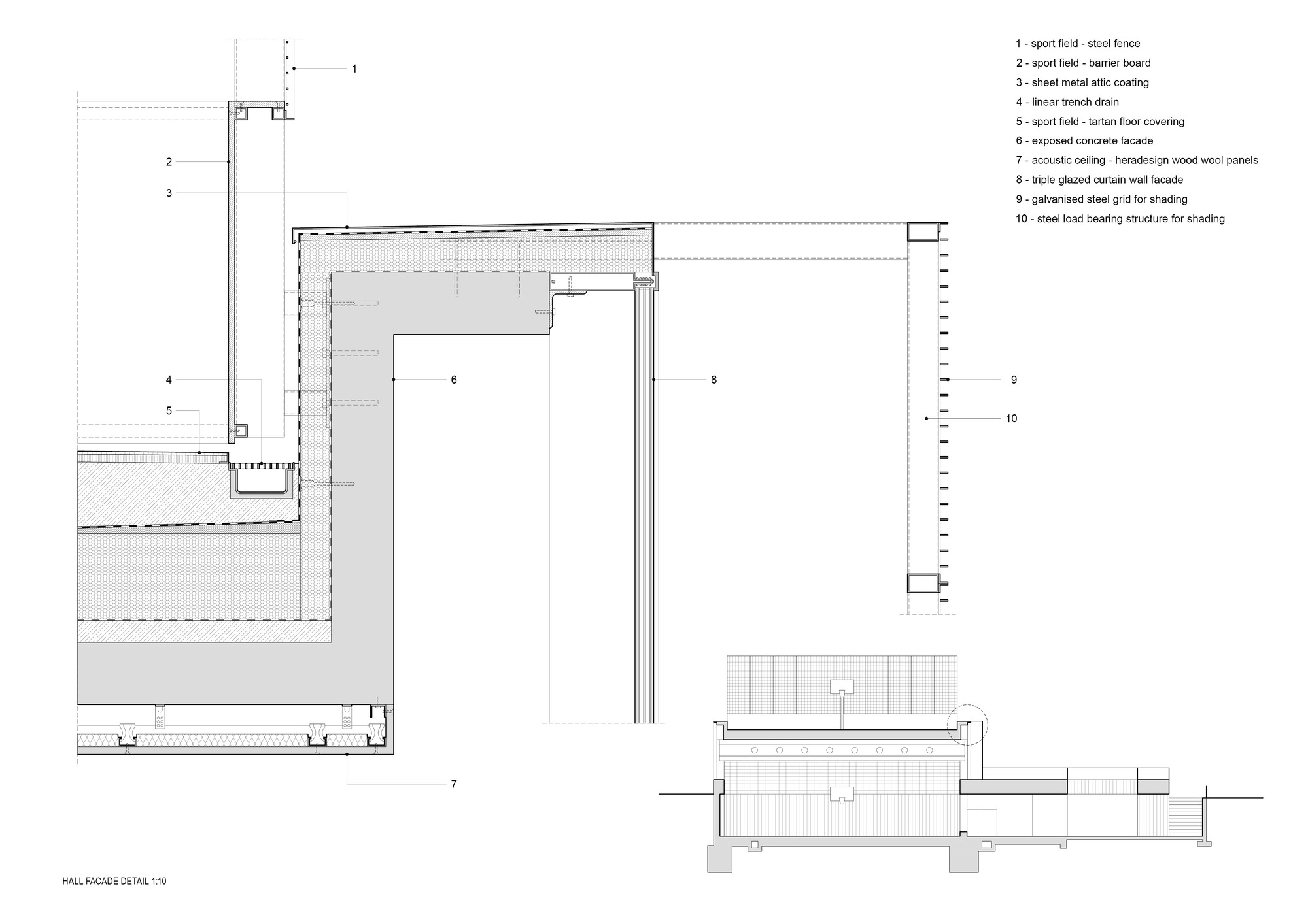 Hall facade detail drawing showing the vertical slatted roof structure and wall assembly layers