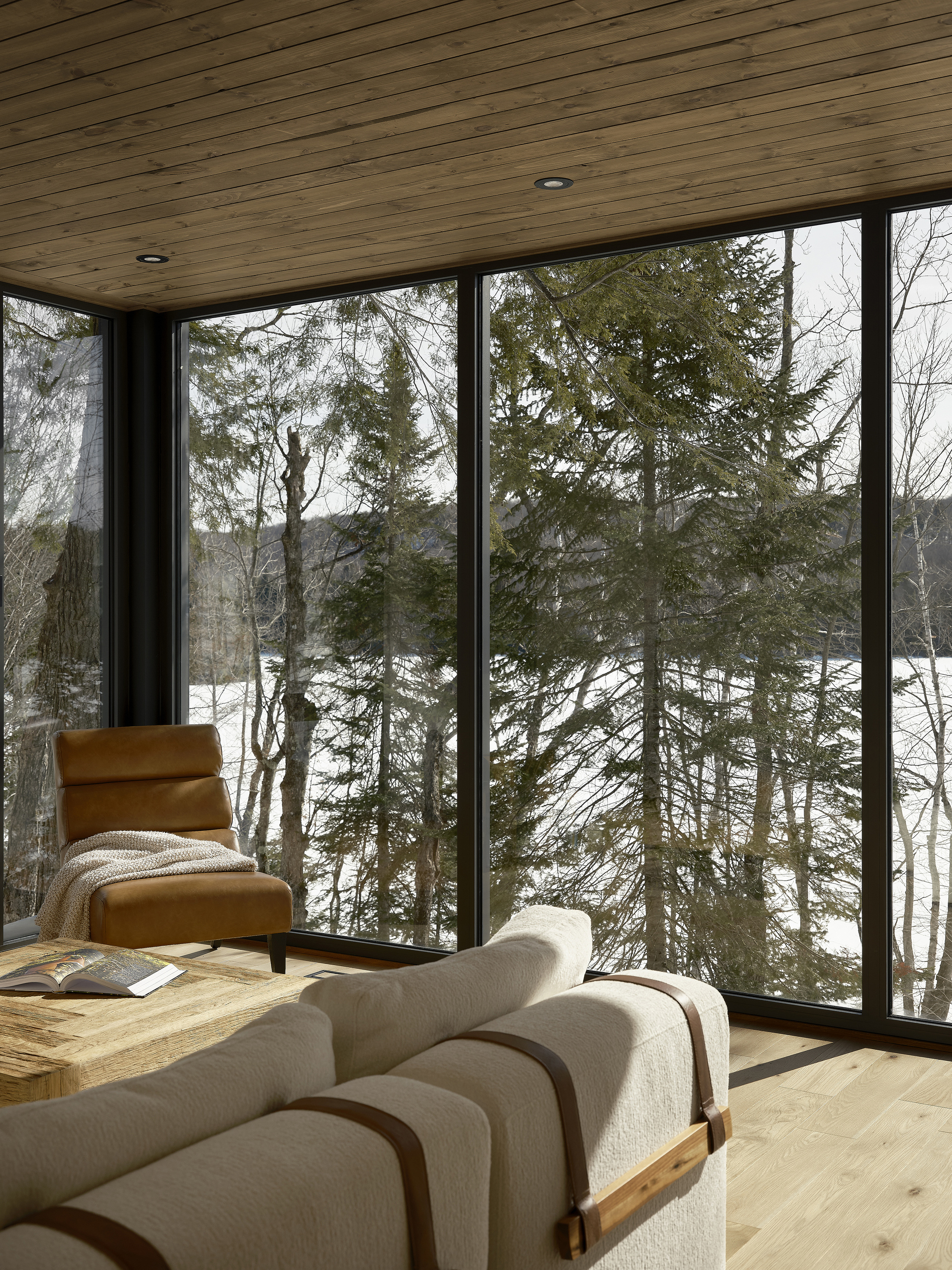 Living room with floor-to-ceiling black-framed windows looking onto snow-covered pine trees