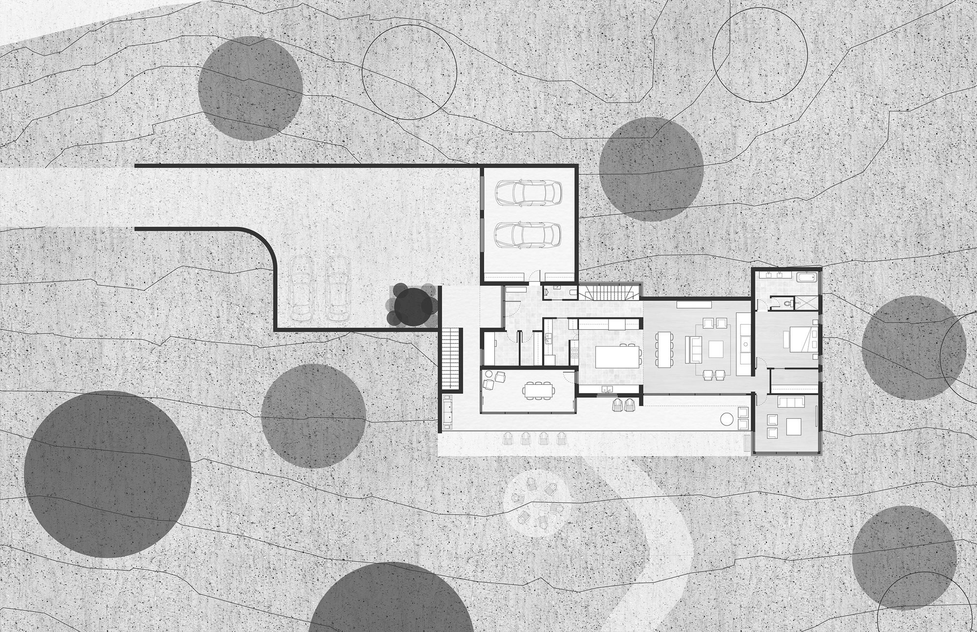 Floor plan drawing showing the linear room layout with garage and surrounding topography contours and trees