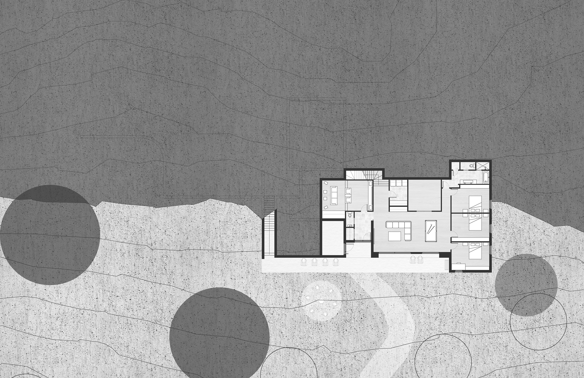 Section drawing showing the interior room arrangement cut through the sloping landscape with adjacent trees