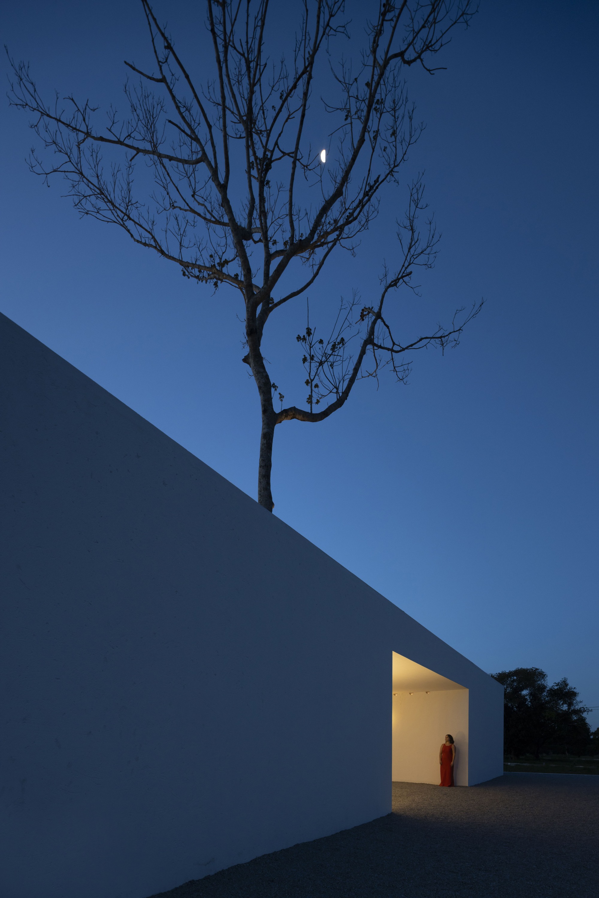 Angled white wall with glowing doorway where a figure in red stands under a bare tree at twilight