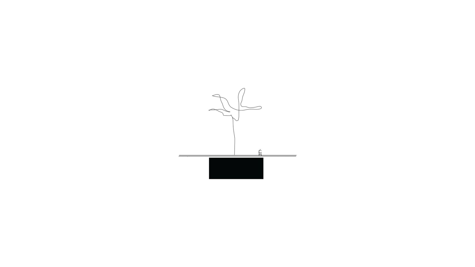 Section drawing showing a tree emerging from a rectangular volume with a figure for scale