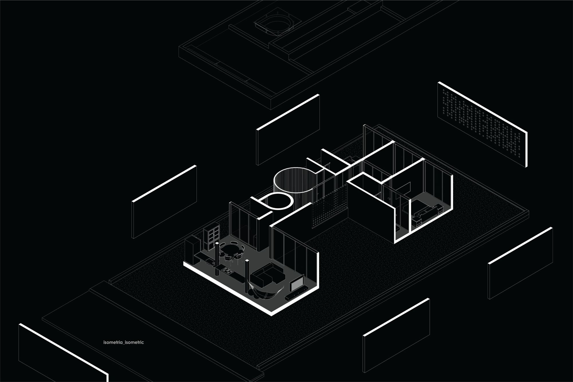 Axonometric drawing revealing interior spaces with furniture and circulation paths within a rectangular plan