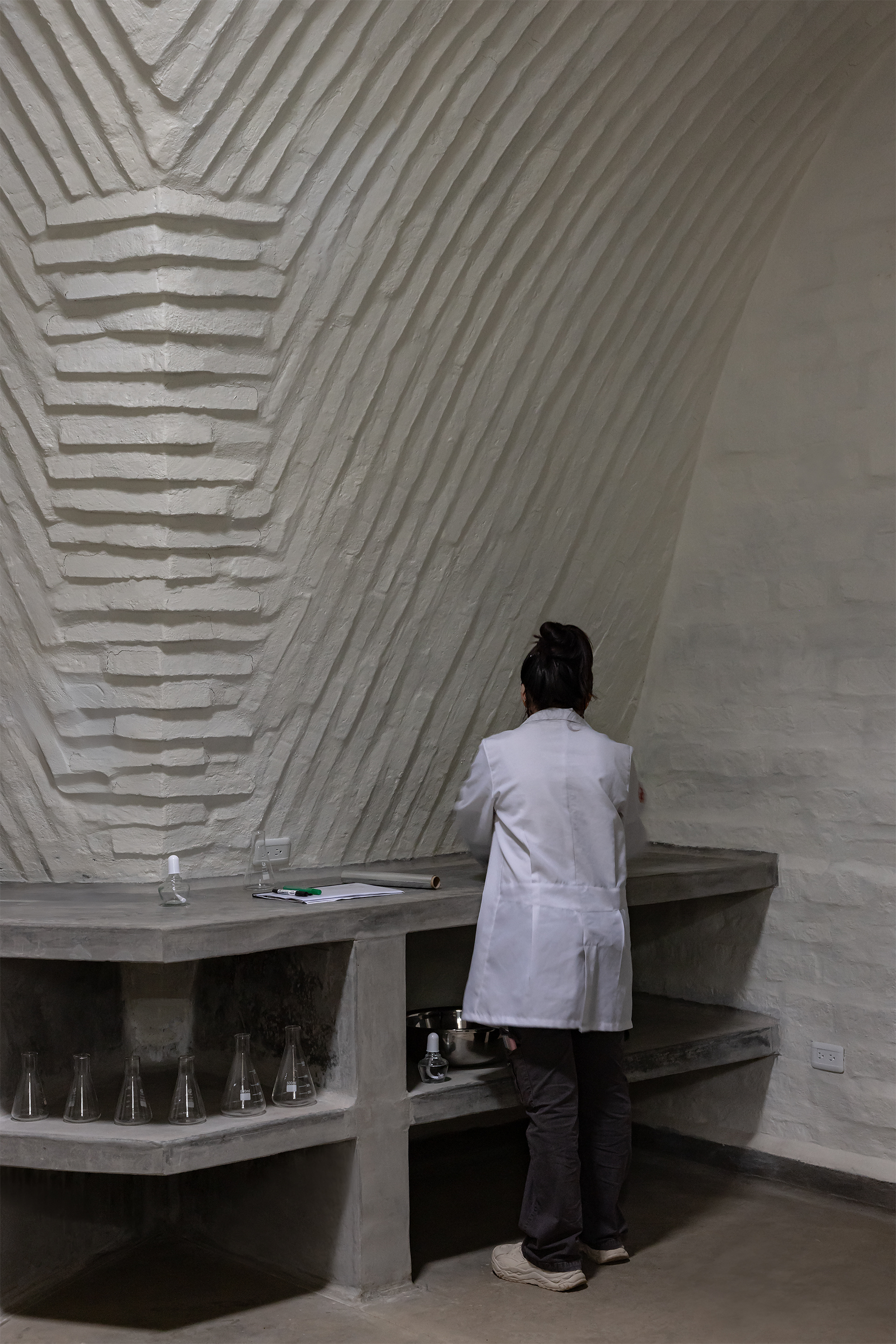 Ribbed concrete vault ceiling above tiered concrete counter where a person in white lab coat works