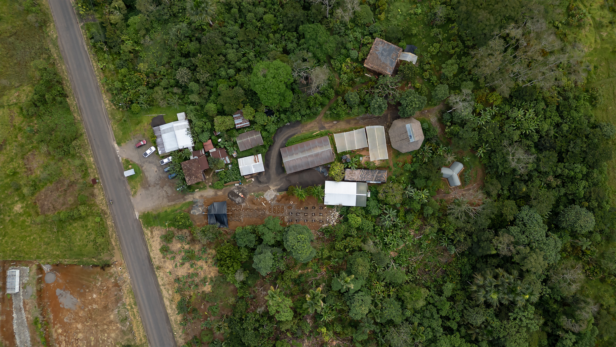 Aerial view of barrel-vaulted structures clustered in a forest clearing beside a road