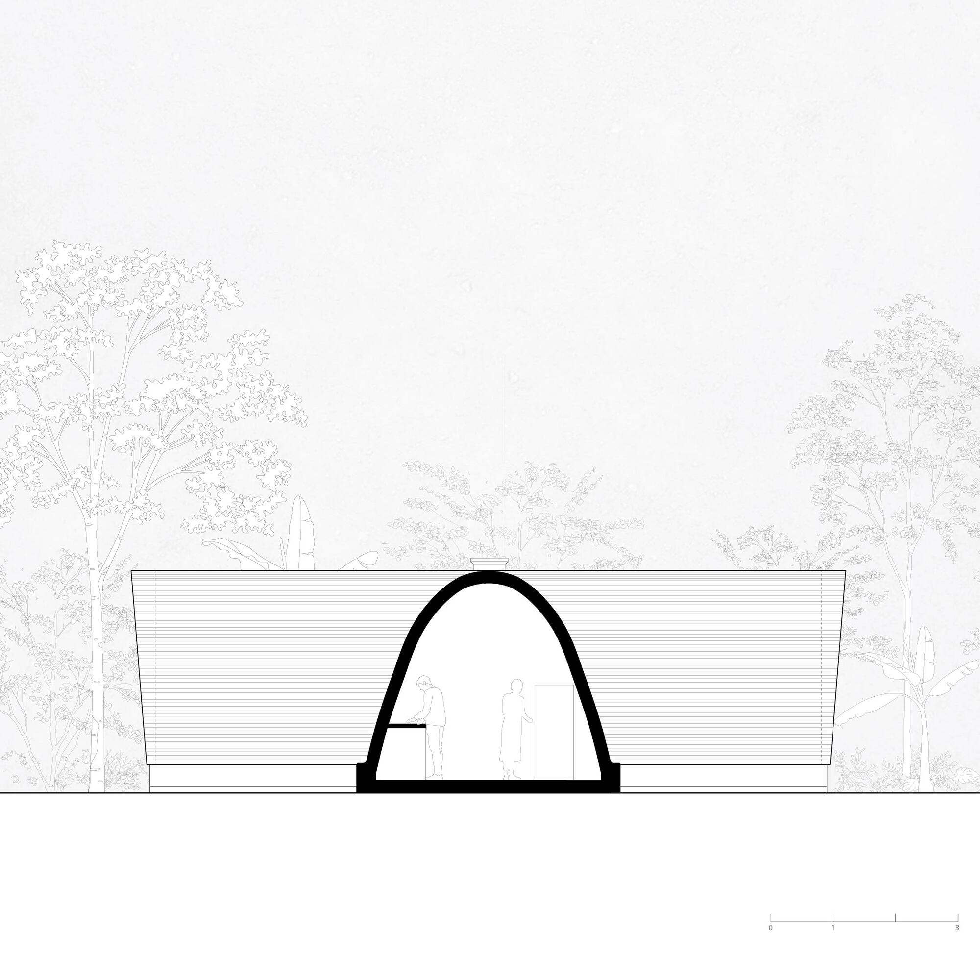Elevation drawing of arched entrance portal flanked by horizontal volumes with trees in background