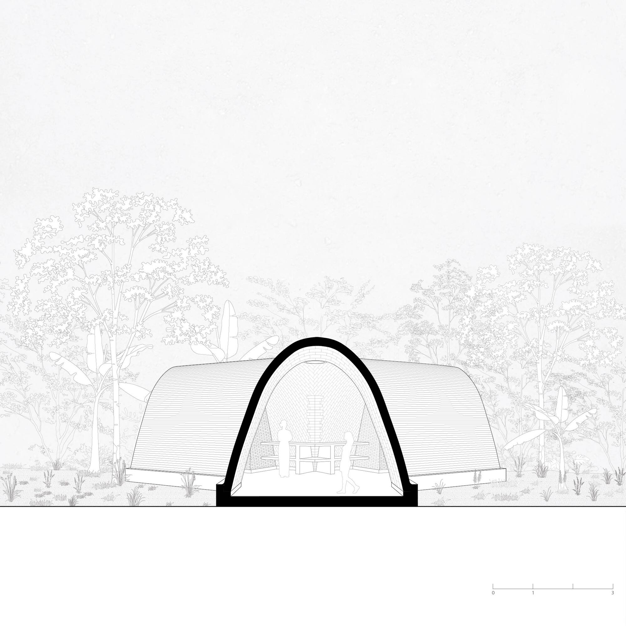 Elevation drawing showing vaulted roof structure with central arch opening and surrounding trees