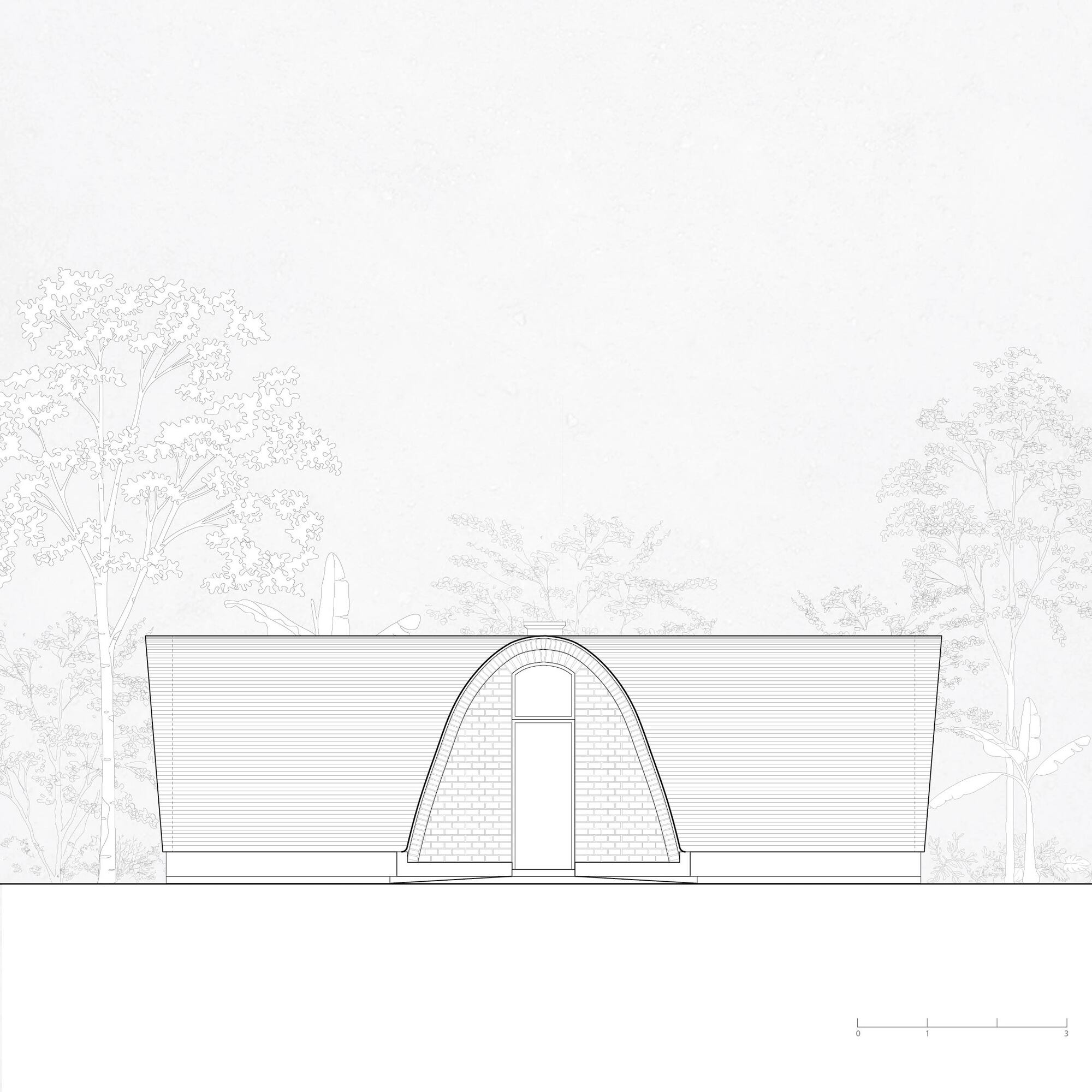 Elevation drawing depicting arched entrance with textured surfaces and rectangular door in landscape context