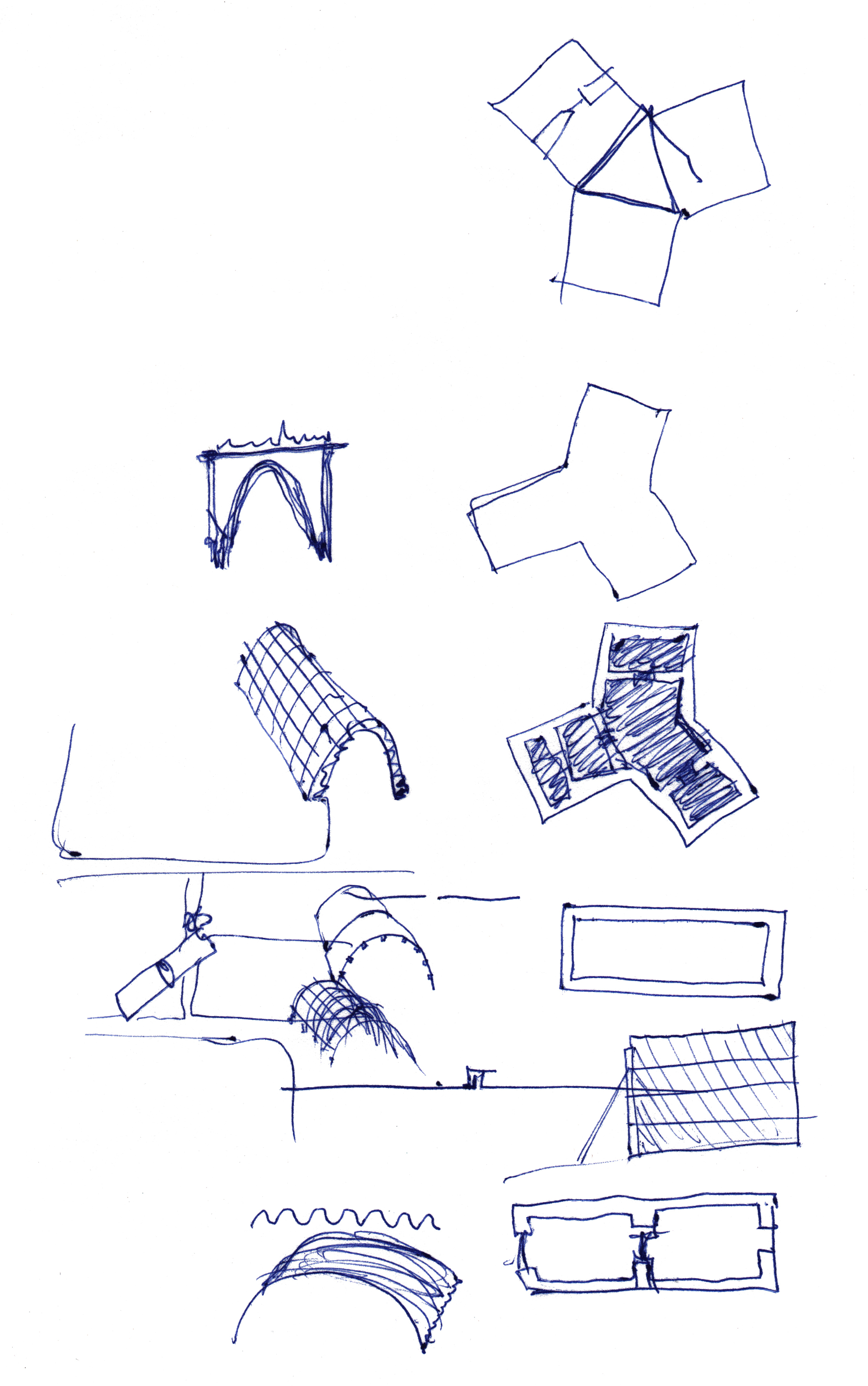 Sketch studies exploring various roof forms, vaults, and structural details in loose linework