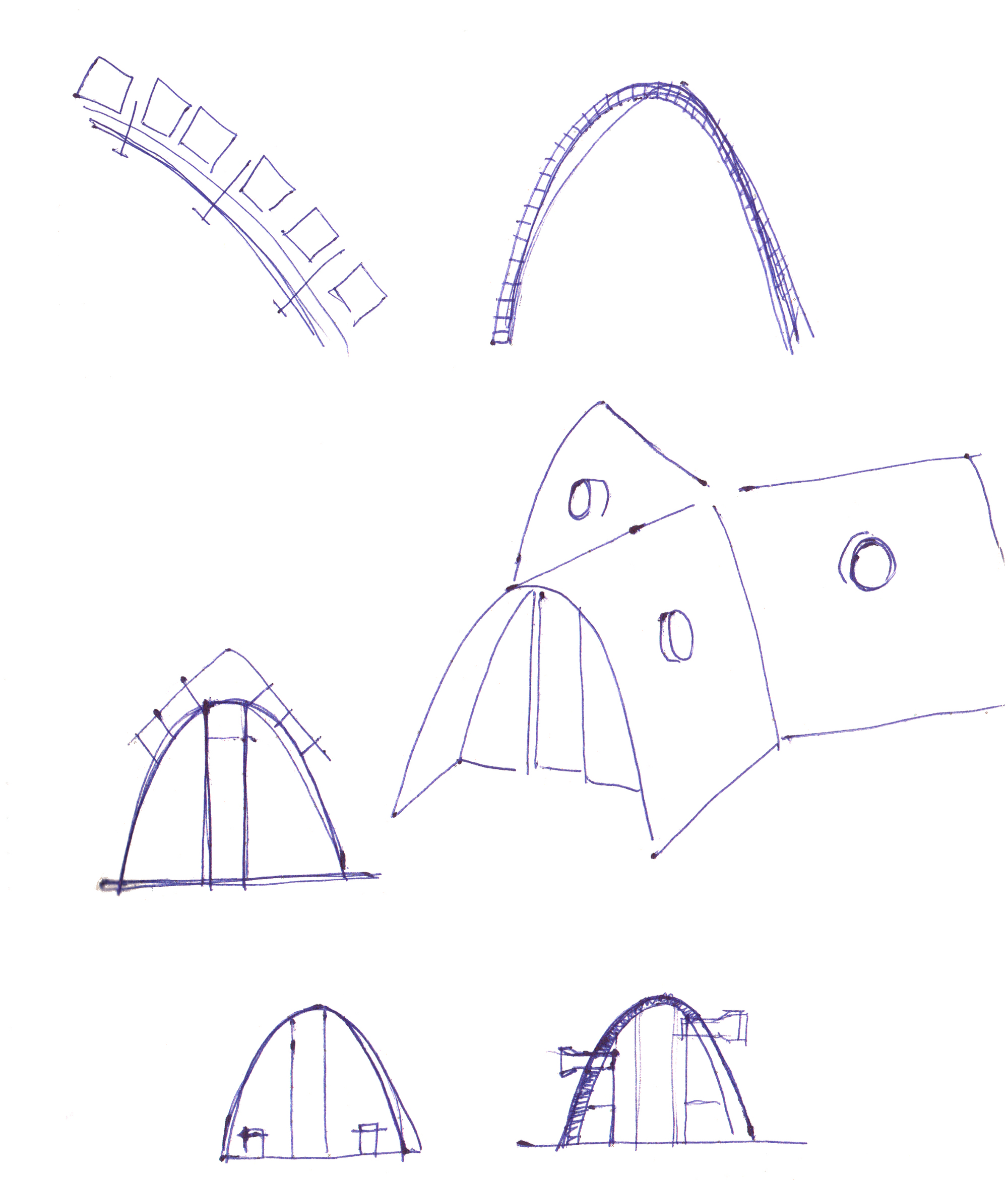 Sketch studies showing arched forms, entrance elevations, and cross-sections with hatched structural elements