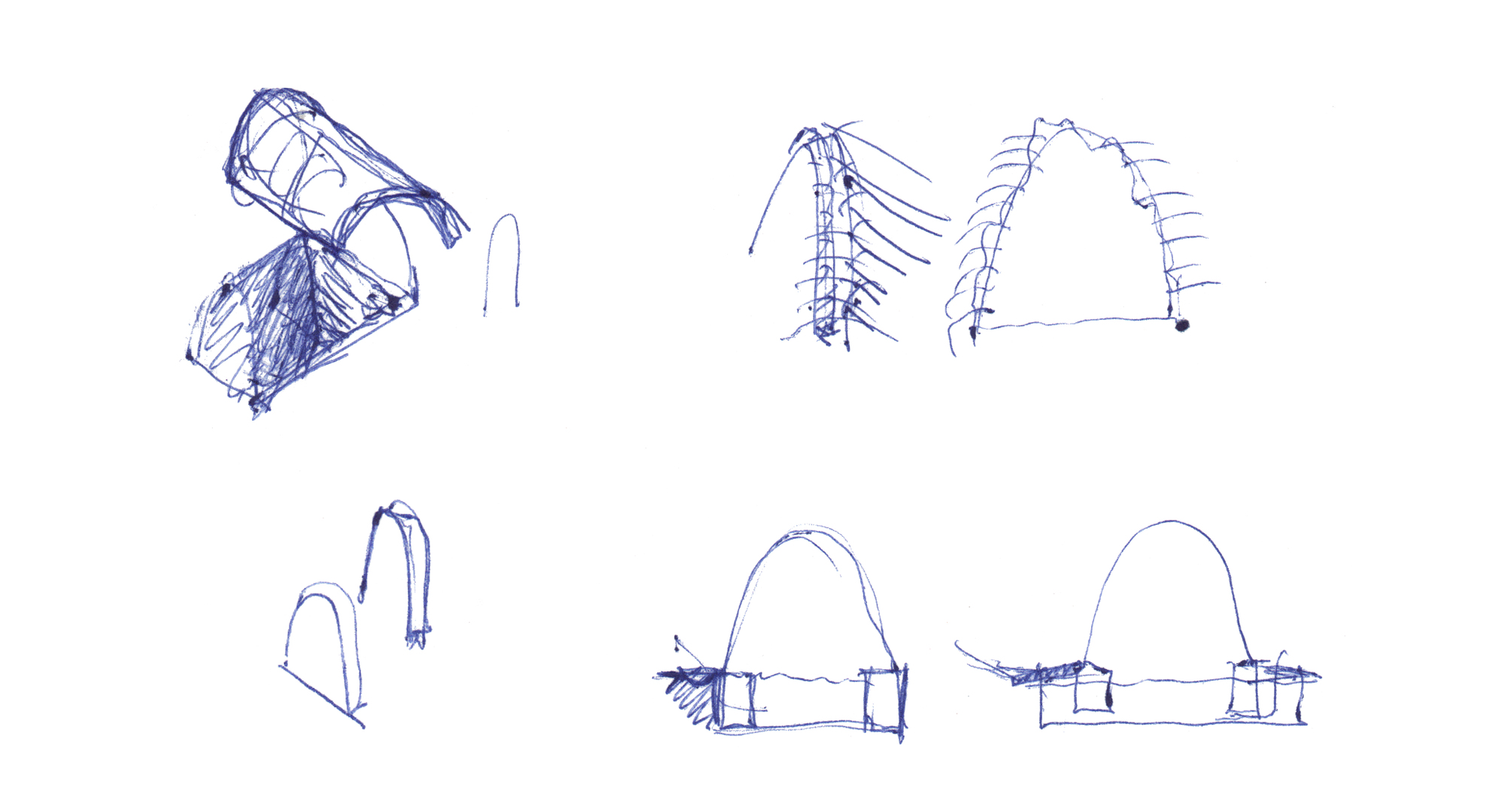 Sketch studies showing axonometric and section views of curved vaulted roof forms with structural ribs