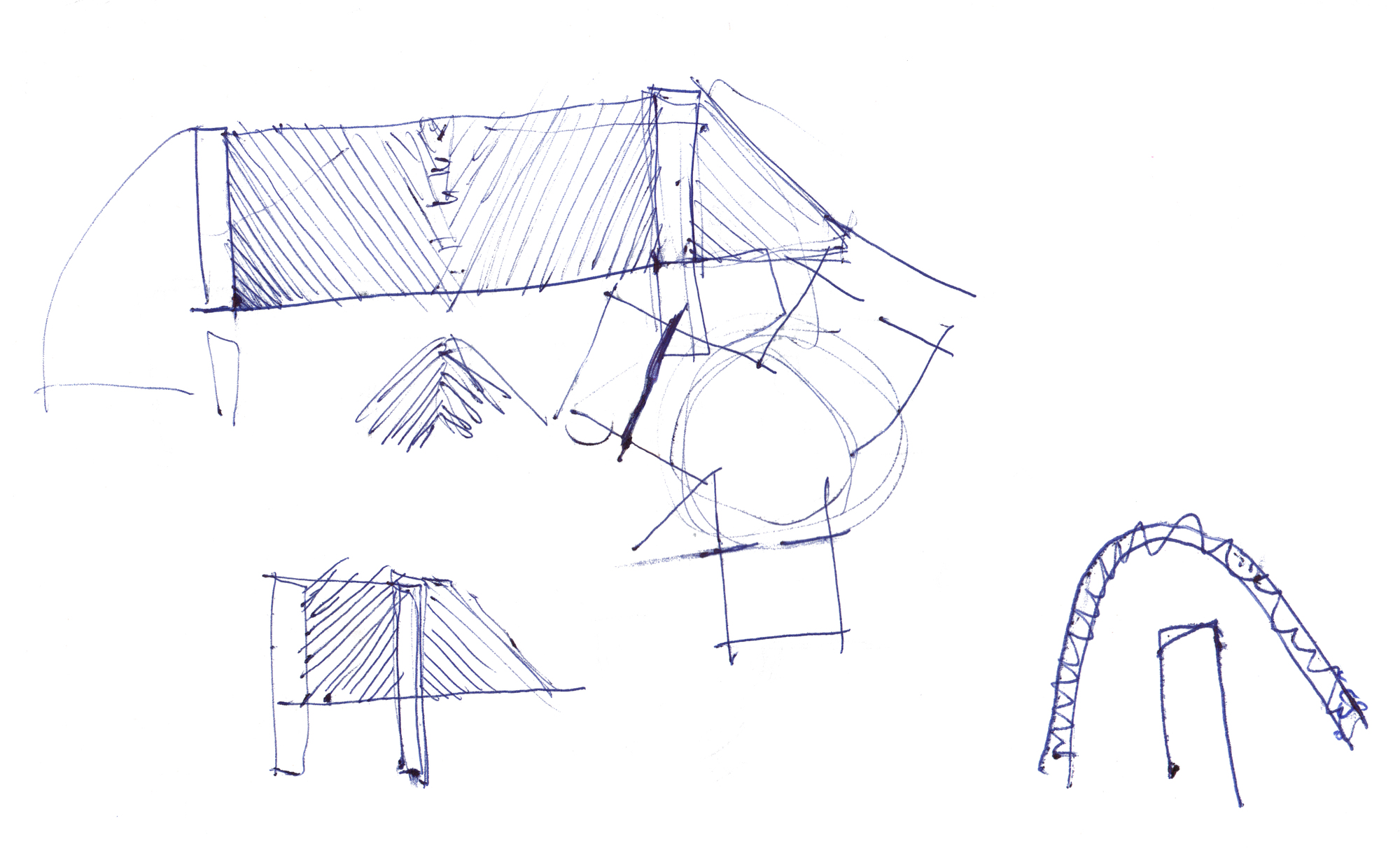 Sketch explorations depicting sectional views of various arched and vaulted structural systems with hatched shading