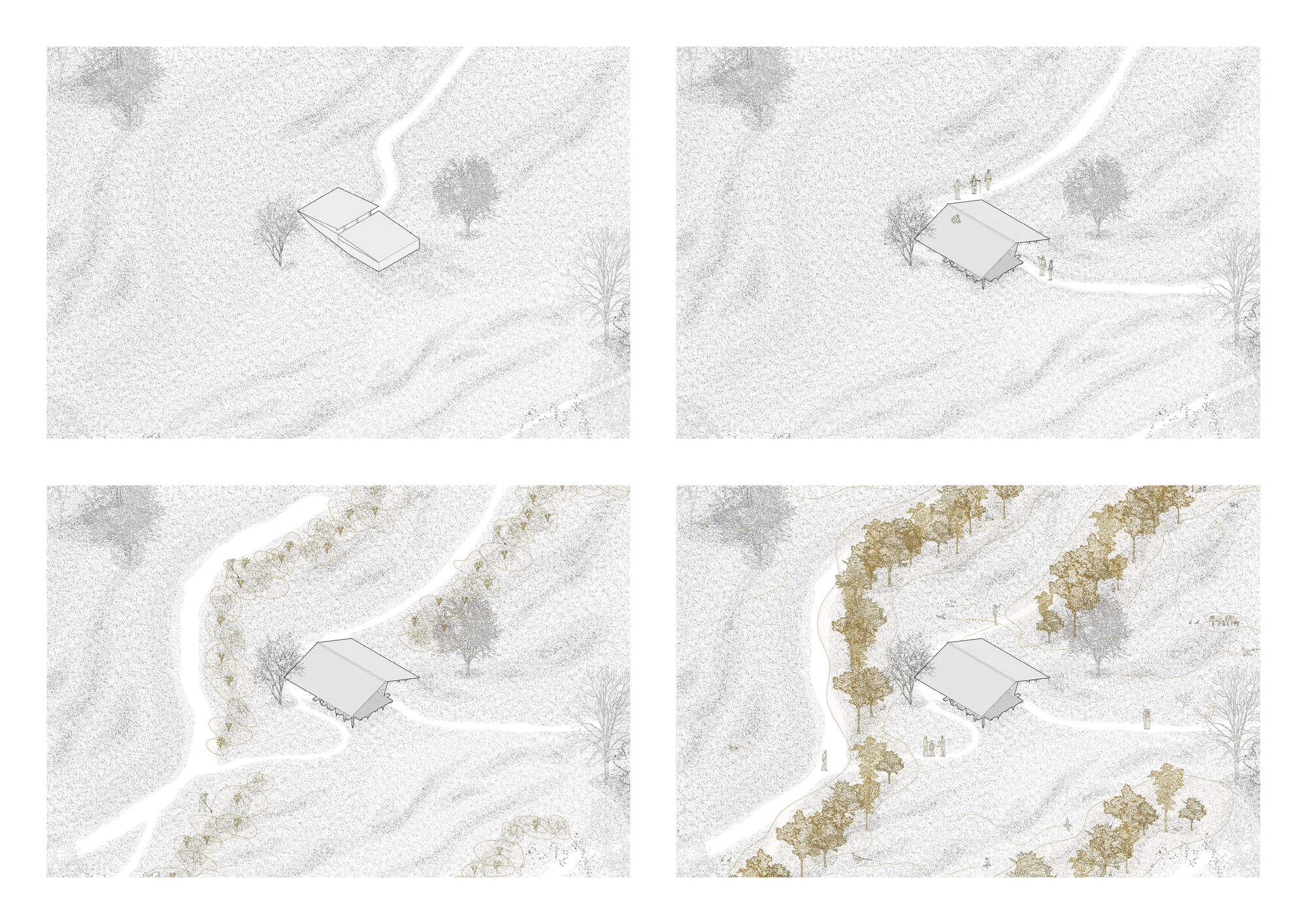 Four aerial site plan views showing seasonal planting progression along a curved access road